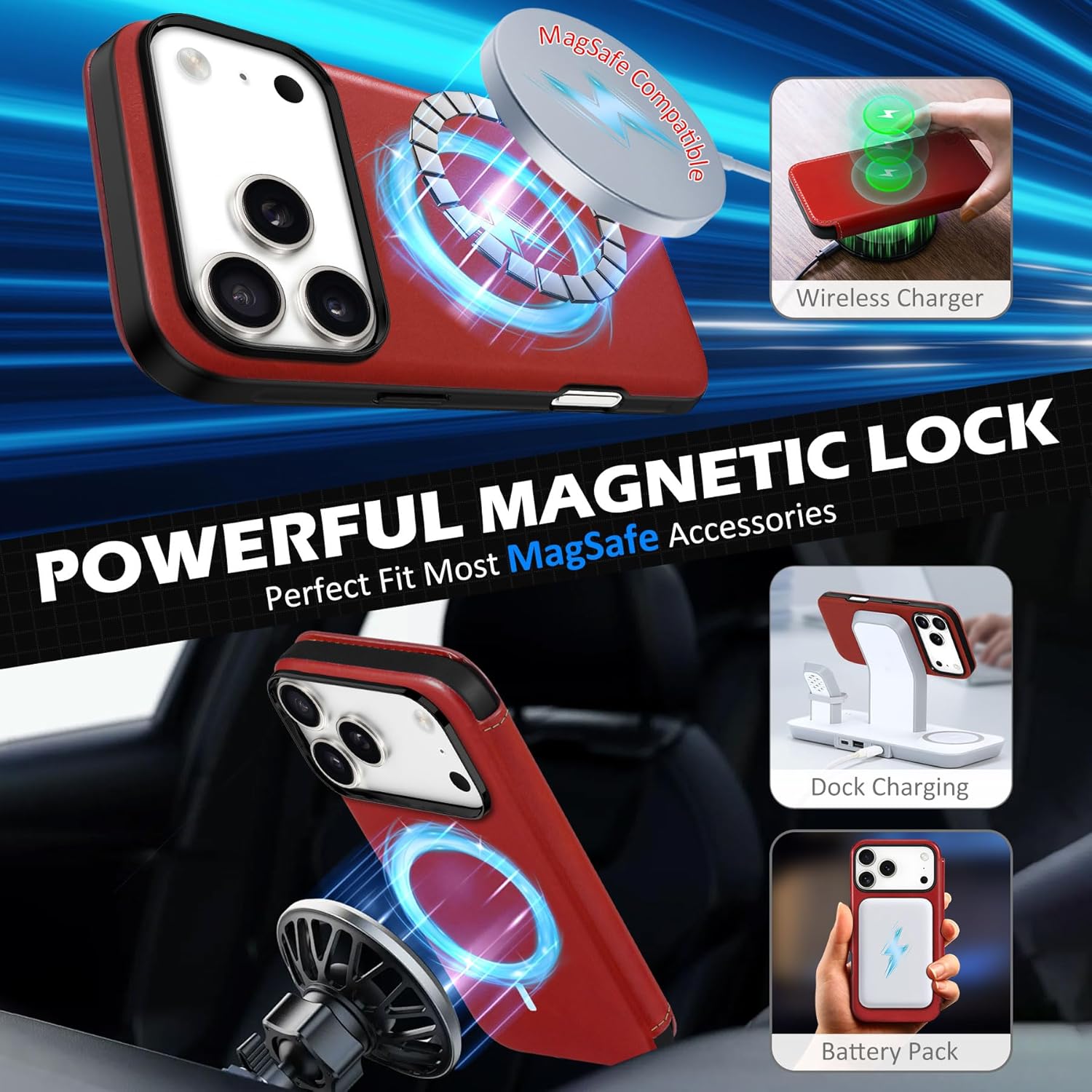 SHIELDON Genuine Leather Slim Wallet Case for iPhone 17 Pro Max 6.9-inch 2025 | Folio | Magnetic Closure | Wireless Charging | RFID Blocking Card Slot | Shock-Absorbent Phone Cover | Retro Red - Image 6