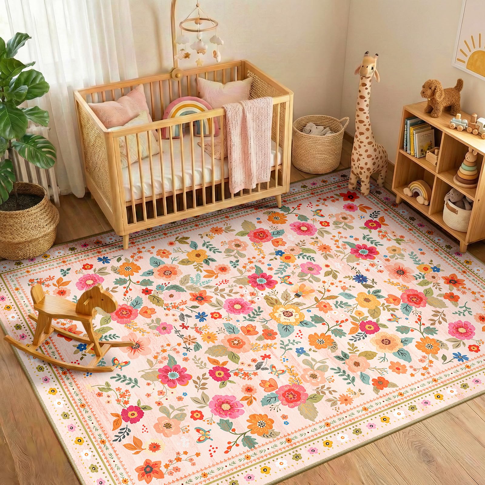 INOVADAY Waschbarer Teppich 90x150 cm Boho Stil Kurzflor rutschfest Blumen Print Design Teppich für Wohnzimmer Schlafzimmer Esszimmer Büro Kinderzimmer Rosa/Beige - 1