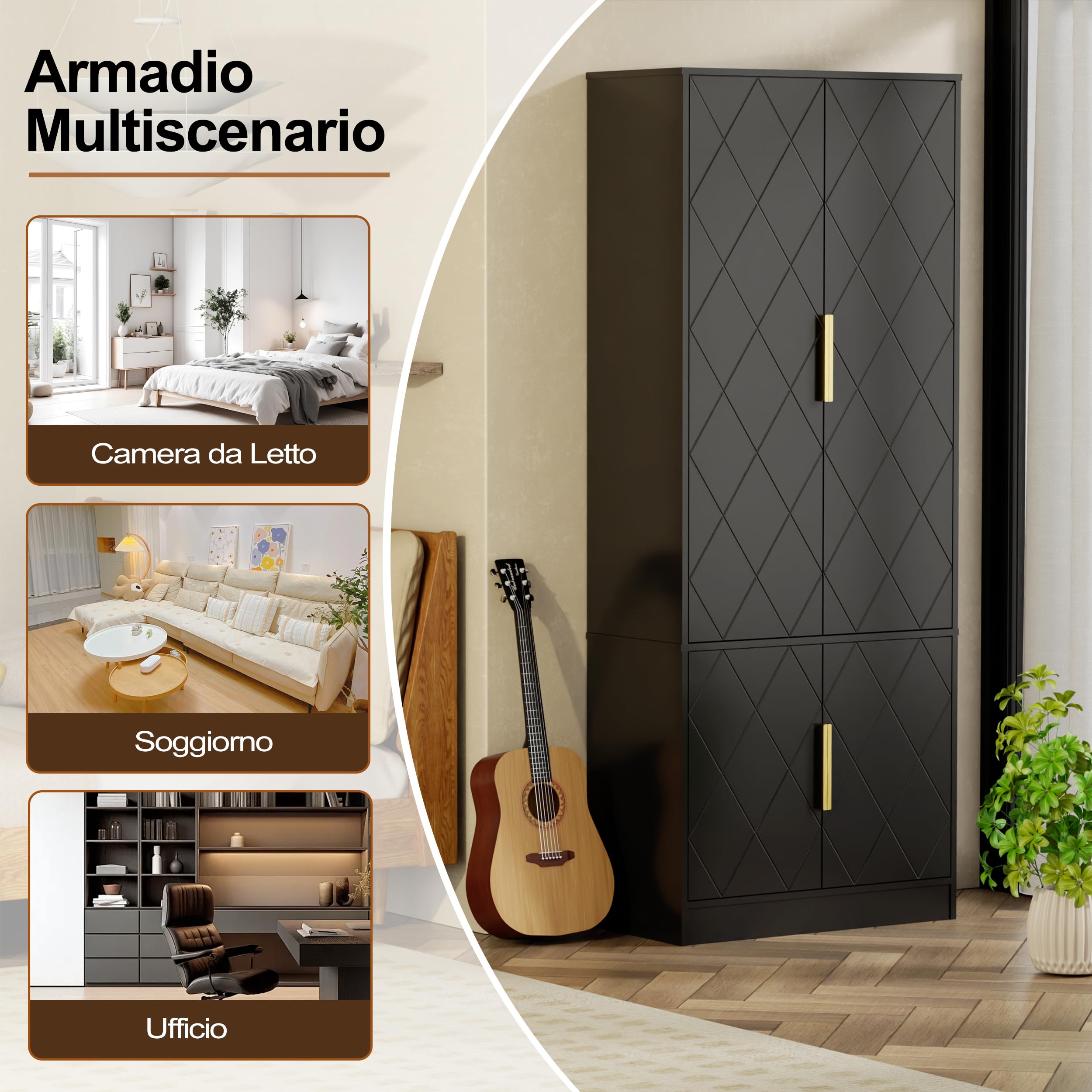 UEV Credenza Cucina Alta 150CM Design Diamante, Armadietto Highboard con 4 Ante, Grande Spazio di Archiviazione, Armadio Buffet Cucina Sicuro con Design Antiribaltamente, 60 x 30 x 150 cm, Nero