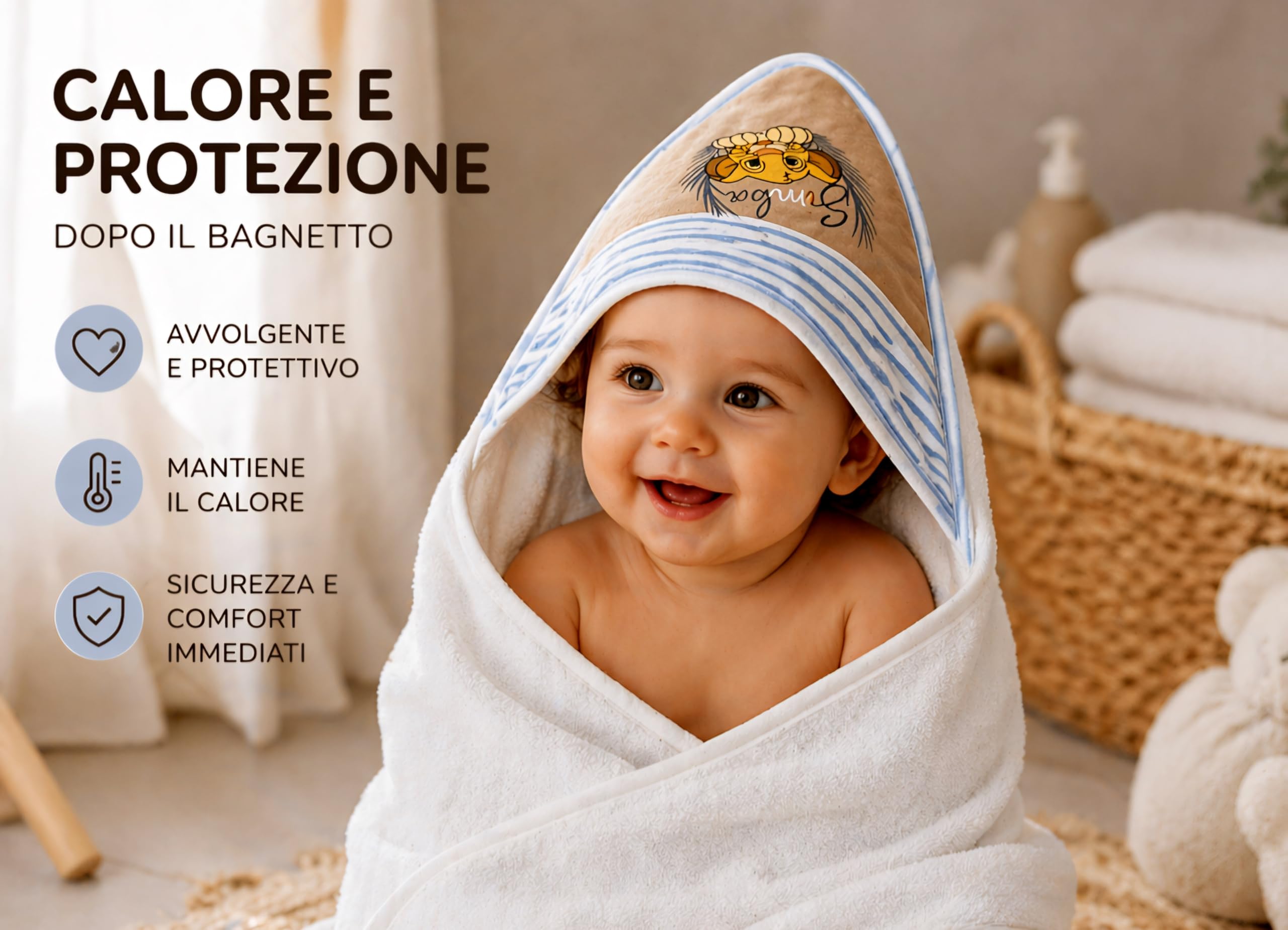 Ellepi Accappatoio Neonato Disney Baby Triangolo 75x75 cm – Idrospugna Innovativa Ultra Assorbente e Morbidissima – Telo Bagno Neonato con Cappuccio Simba e Milù (Simba)