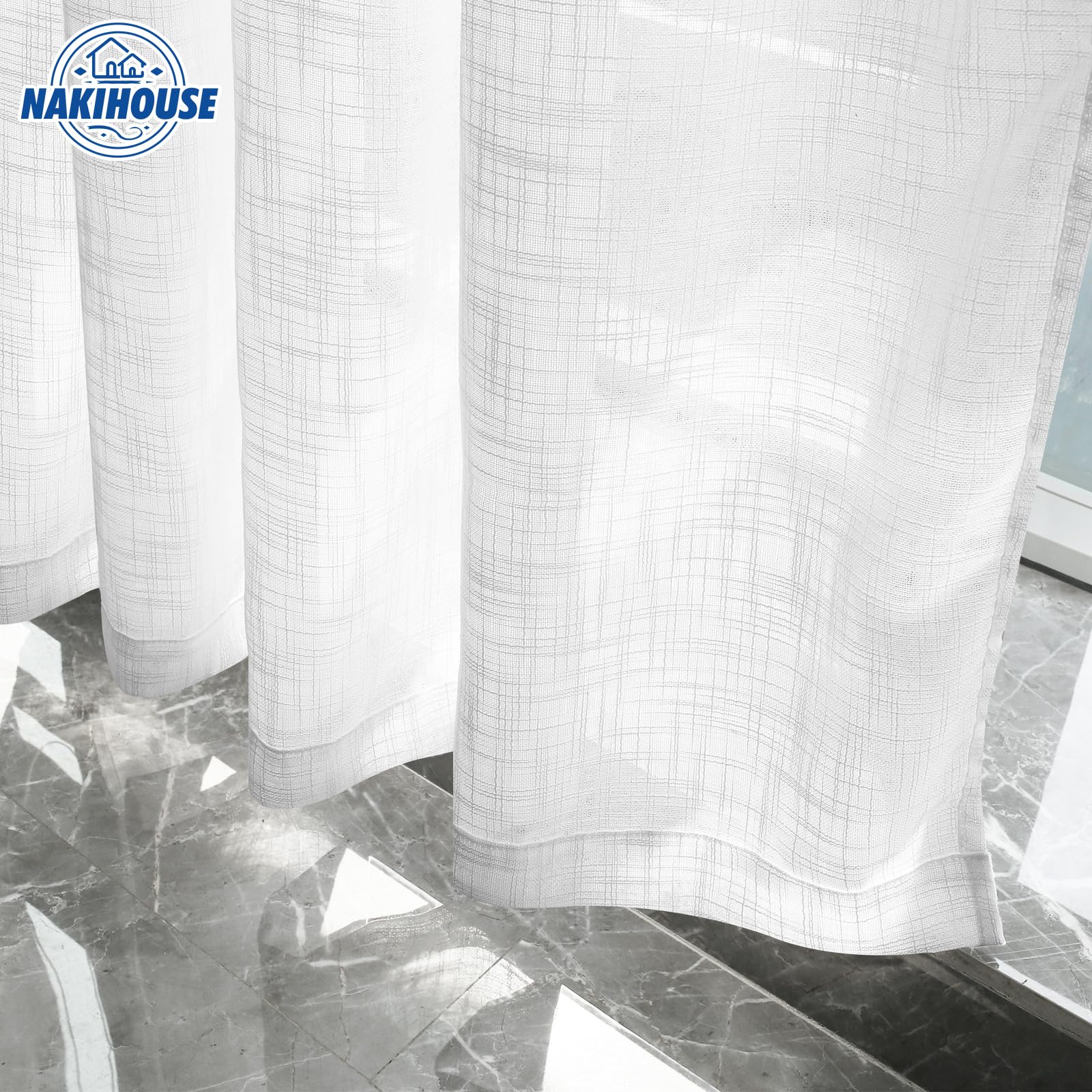 NAKIHOUSE Linen Voile Curtain, 2 Panels White Net Curtains for Windows 96 Drop - Image 4