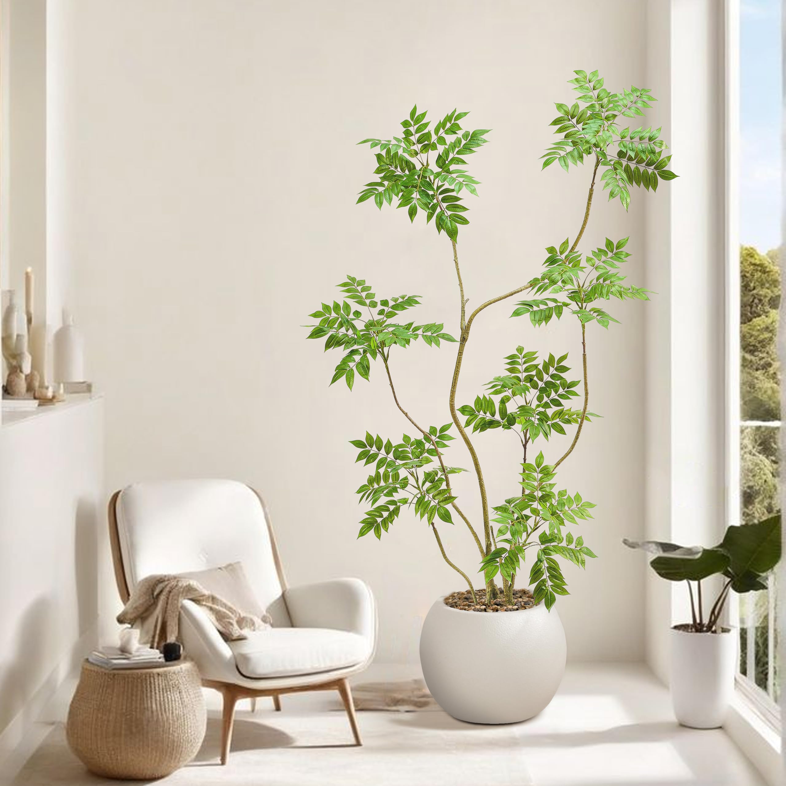 Künstlicher Mahonia Fortunei Baum 180 cm, Kunstpflanzen Groß mit Weiß Topf | Kunstpflanze Sumachbaum Plastik Pflanze Kunstbaum für Zimmer Wohnzimmer Schlafzimmer Büro Terrasse Balkon Garten Deko