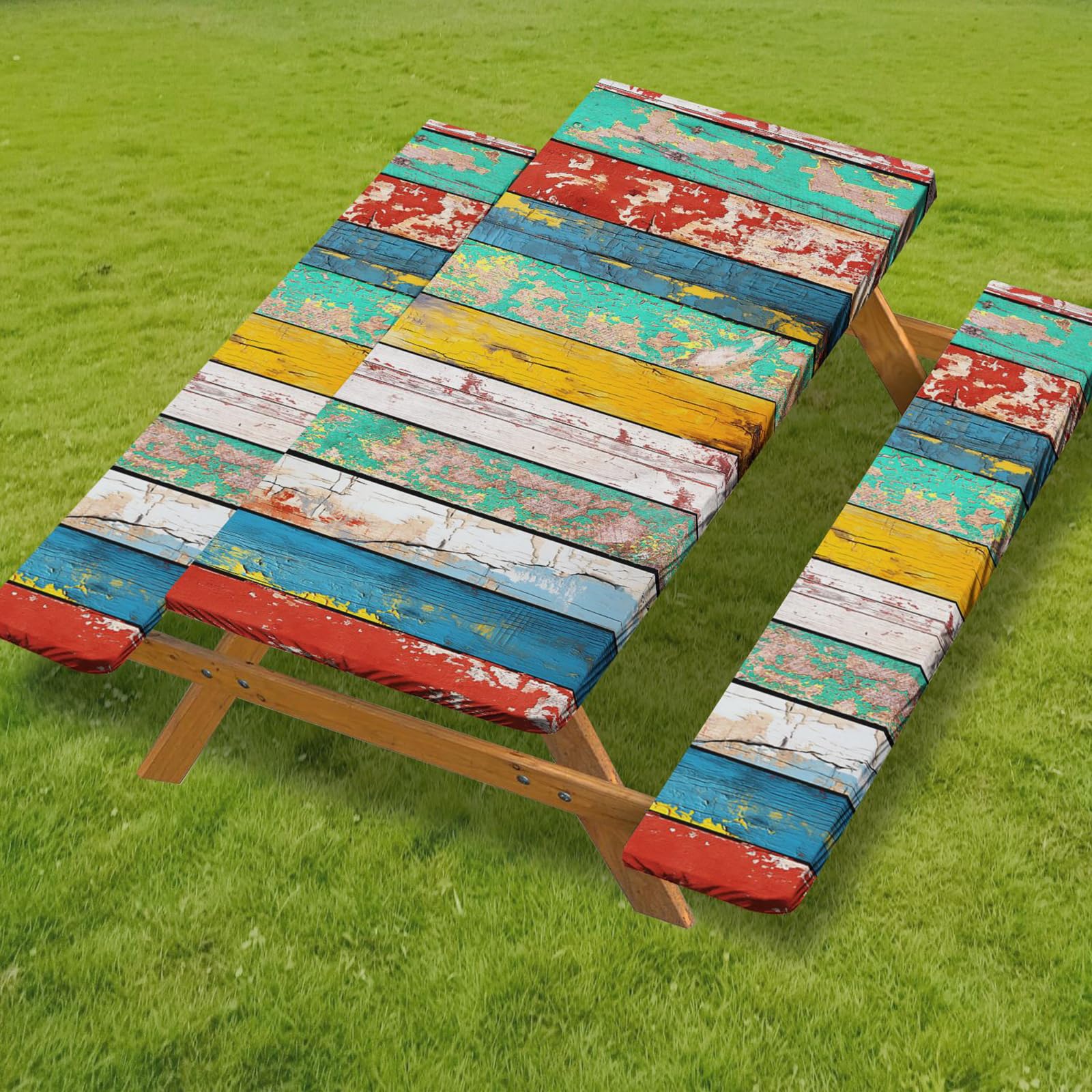Funda de mesa de picnic ajustada con fundas de banco, funda de mesa de picnic al aire libre, 3 piezas, 8 pies, impermeable, elástico en todo el contorno, imitación de grano de madera, para picnic al