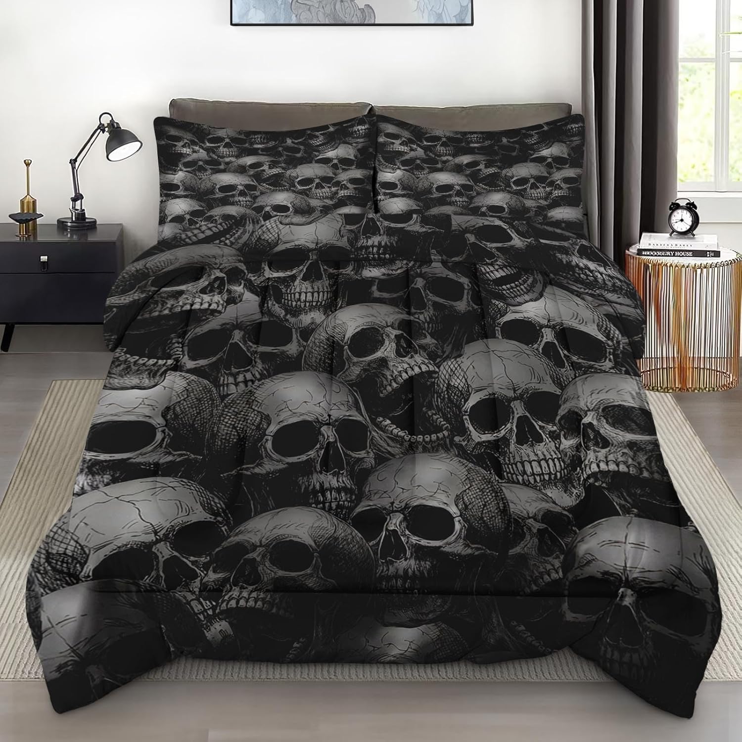 Pamnest Comforter Set Queen Size, Skull Skeleton Soft 3 Pcs Bedding for Kids and Adults, Spooky Horror Gothic Comforter Set with 2 Pillowcases, for Bedroom Bed Decor