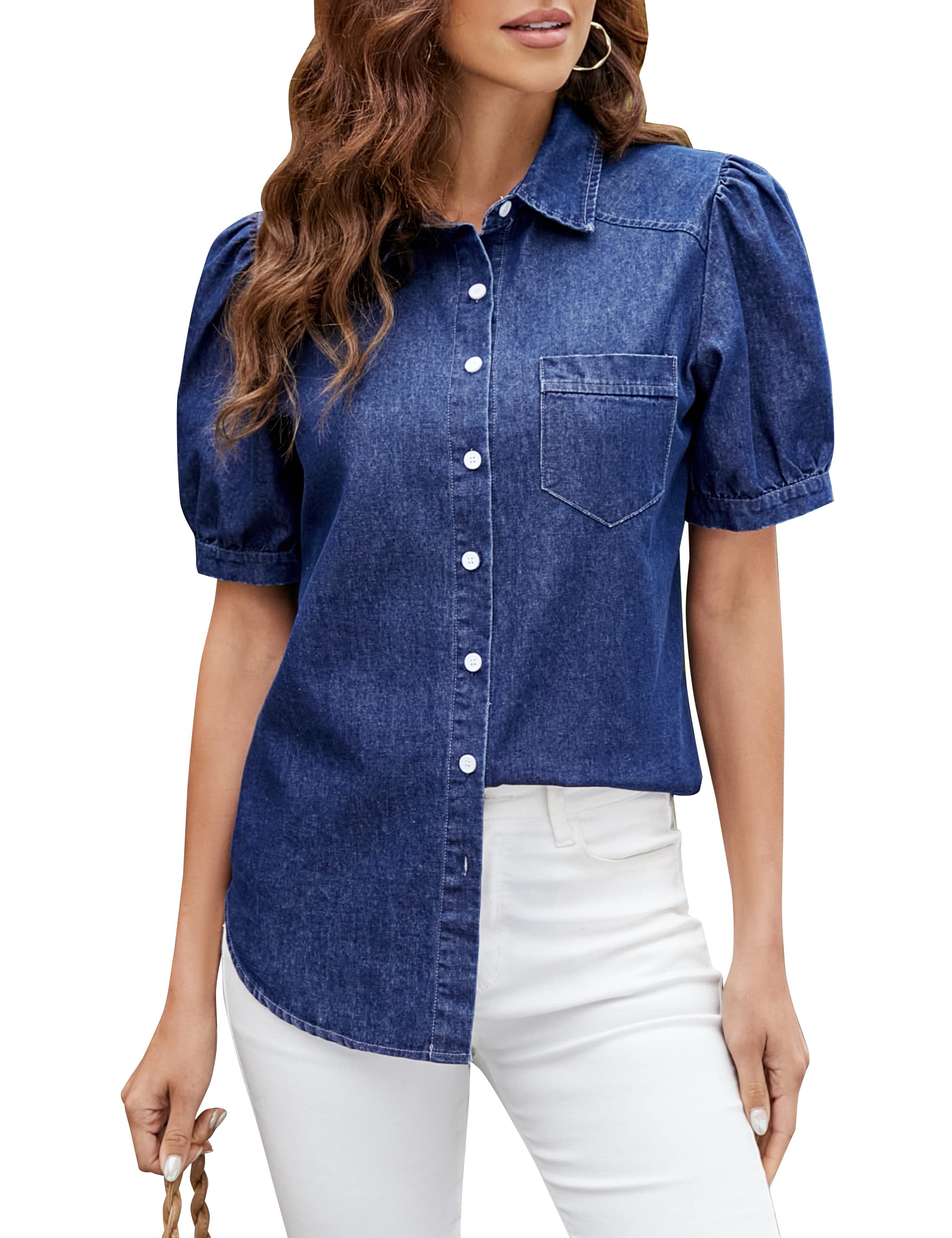 BMJL Womens Denim Shirt Puff Sleeve Button Down Blouse Dark Blue Size S