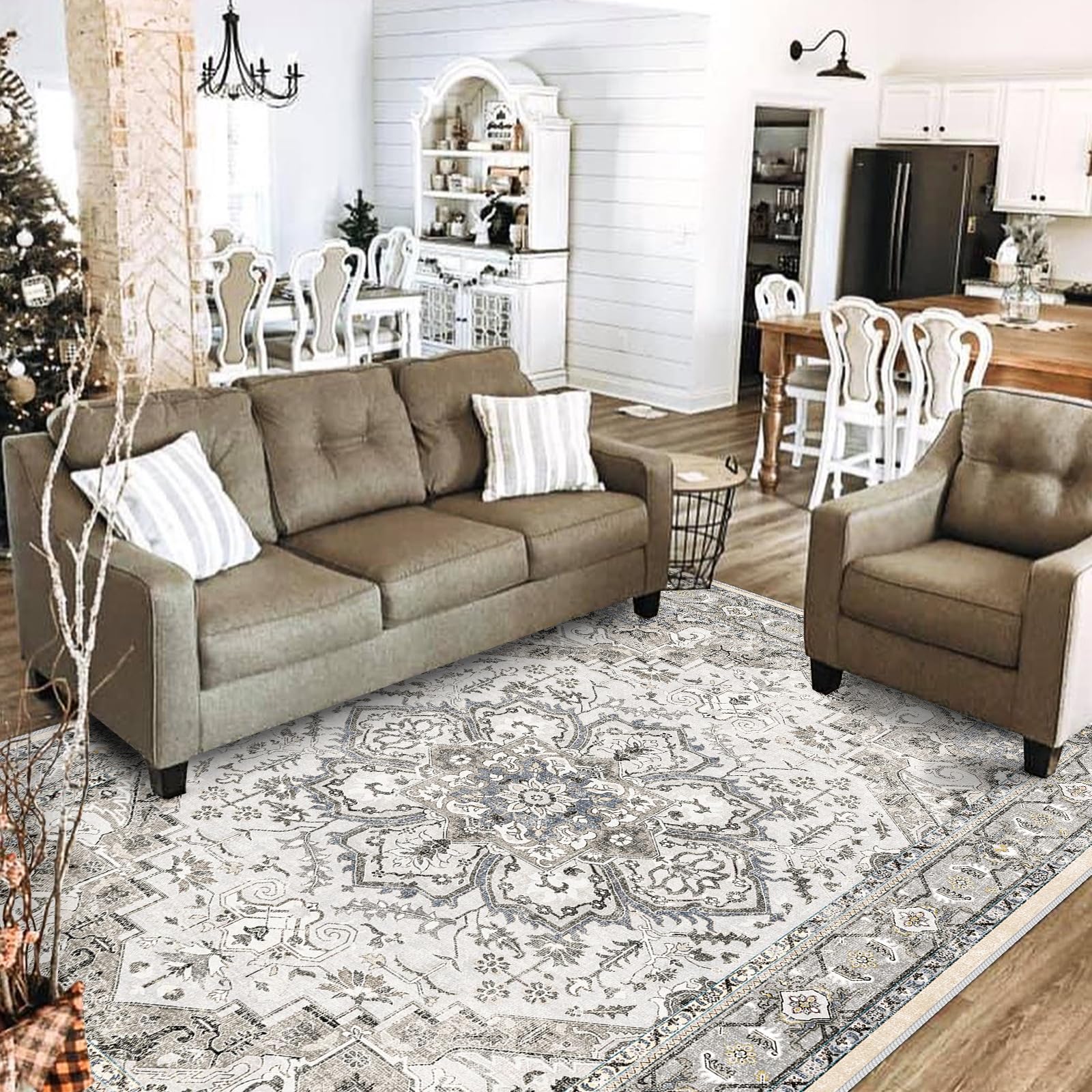 8x10 Washable Area Rugs: Large Non-Slip Oriental Living Room Rug Vintage Farmhouse Bedroom Carpet Soft Distressed Medallion Thin Rug for Dining Room Kitchen 8x10 Grey/Blue