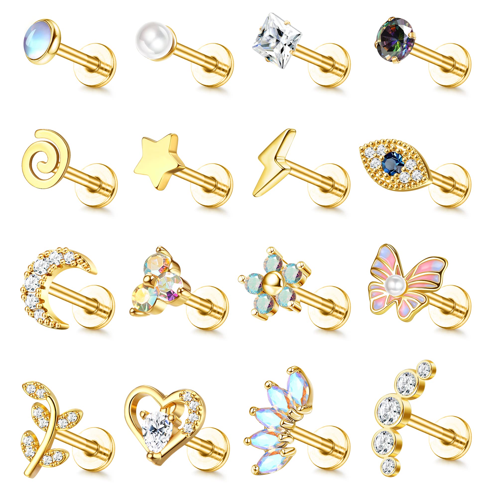 Adramata 16 Pcs 16G Piercing Oreja Acero Quirúrgico Pendientes Set Concha Tragus Pendientes Piercing Mal de Ojo Flor Mariposa Oreja Piercing Cartílago Helix Tragus Piercing Joyas para Mujer