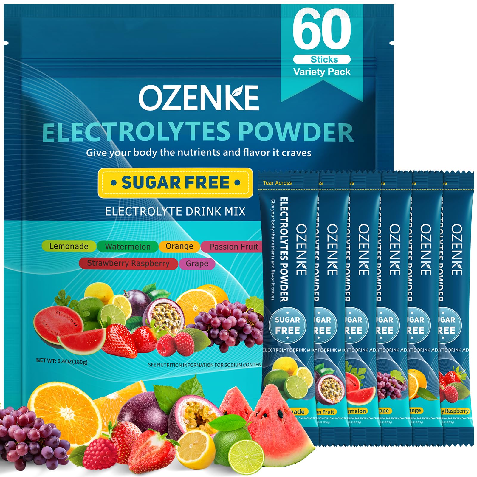 Electrolytes Powder Packets, 60 Sticks Hydration Packets Sugar Free, Electrolyte Drink Mix Travel Electrolyte Packet for Rapid Hydration, 6 Flavors