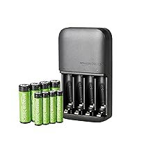 Amazon Basics Batterie con caricabatterie a 4 alloggiamenti, spina UE, 4 AAA 800mAh + 4 AA 2000mAh, Nero, 8 unità