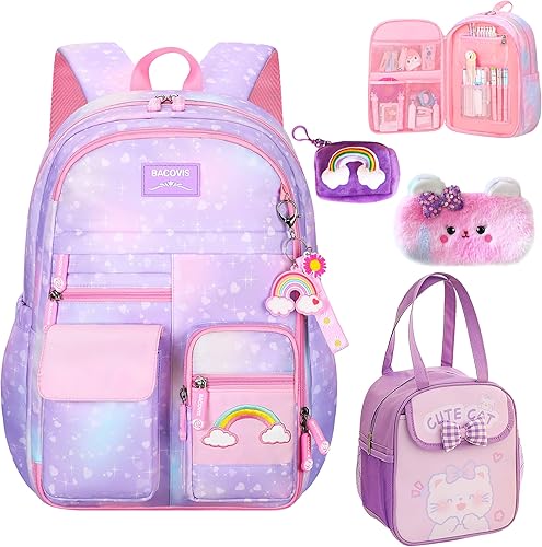 Juego de 5 mochilas kawaii para niñas, bolsa para portátil de arcoíris de 17 pulgadas, mochila de doble hombro de gran capacidad, Púrpura, Tamaño
