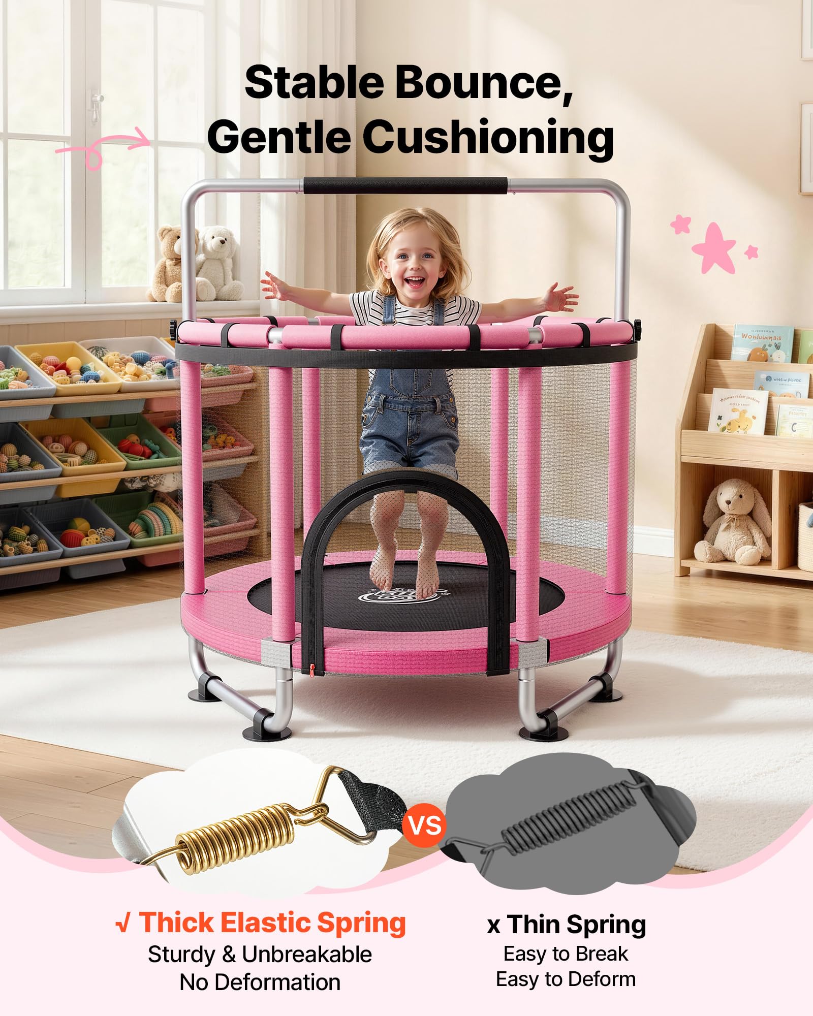 VEVOR Trampolino Elastico per Bambini 142 cm Carico 60 kg Rete Protezione, Giocattolo per Divertimento Esercizio Bambini da Interno Esterno Barra Regolabile, Trampolino Uso Domestico, Colore Rosa