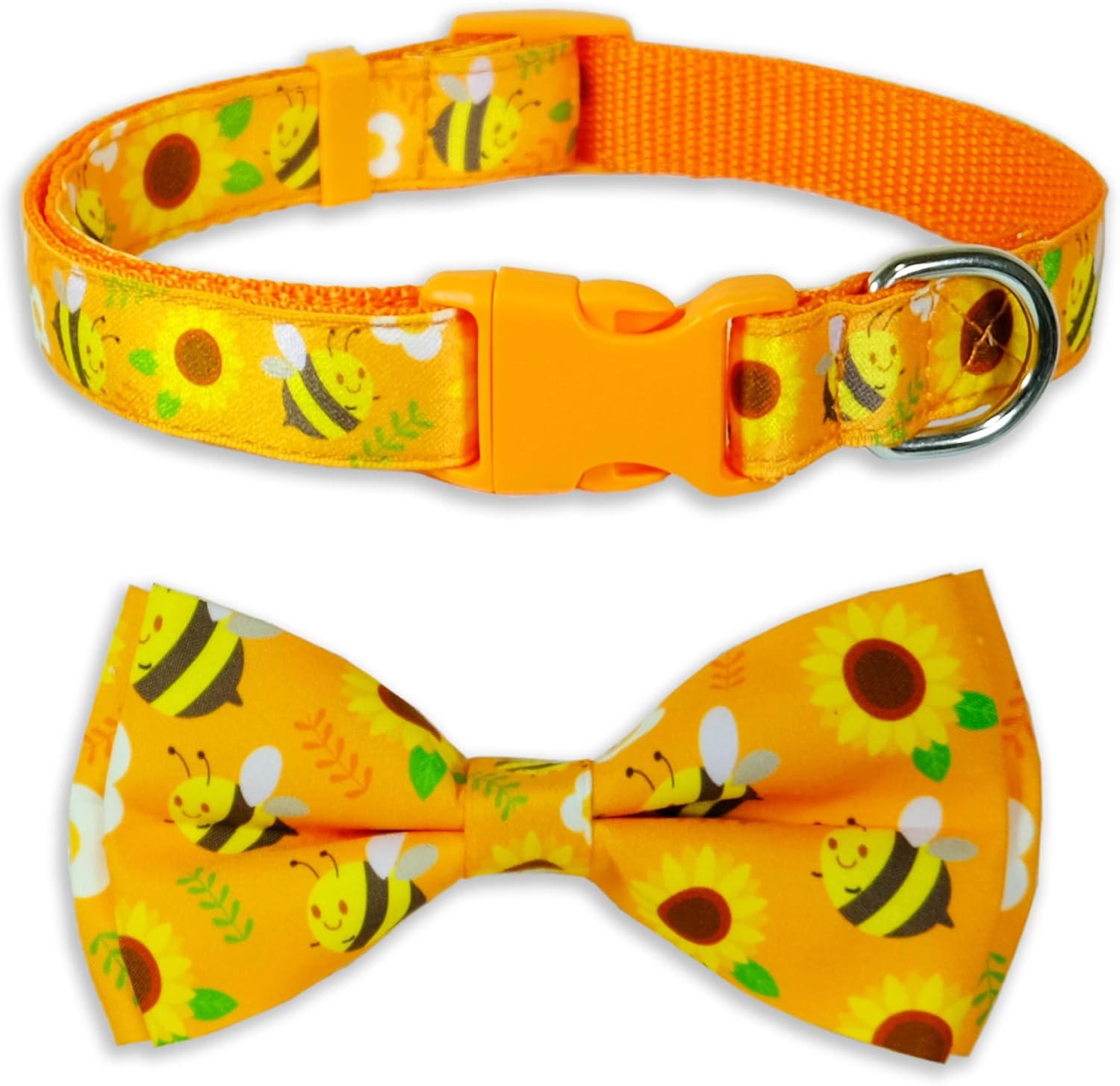 Summer Dog Bow Tie Collar with Sunflower and Honeybee Pattern, Adjustable Dog Collar for Small Medium Pets Puppies