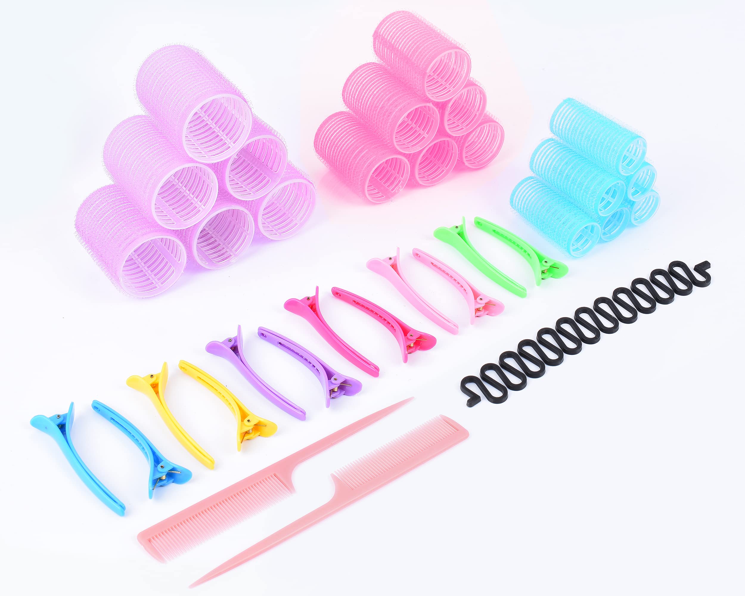 LUXURENA 33 Pieces Hair Rollers and Clips Set- 18 Self Grip Velcro Rollers Small, Medium, Large- 12 Duckbill Hair Clips- 2 Hair Combs- 1 Centipede braid device for Hairdressing & Styling, Multicolor
