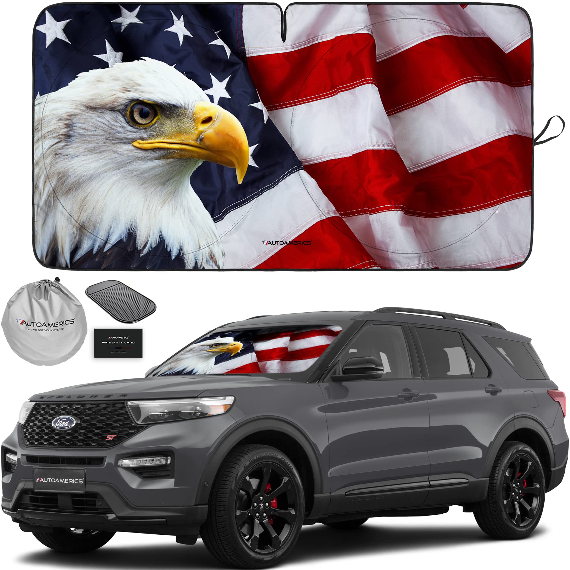 Autoamerics 1-Piece Windshield Sun Shade American Eagle Flag - 3 USA Patriotic Design - Foldable Car Front Window Sunshade for Sedans SUV Truck -