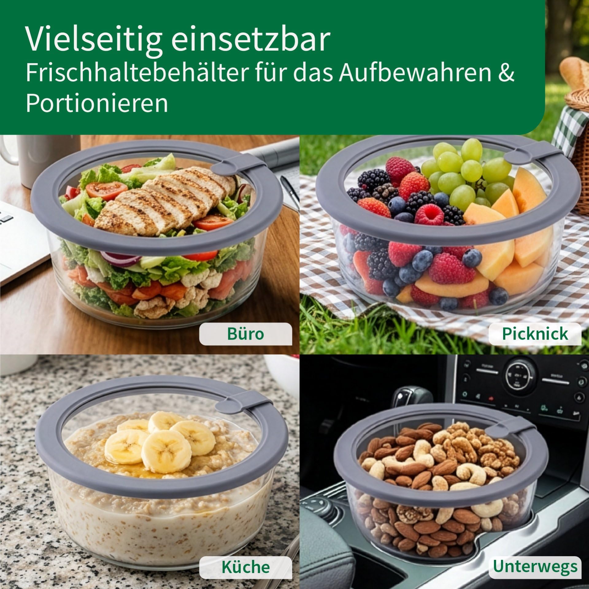 FACKELMANN Chefkoch trifft 4er Set Vorratsdose mit Glasdeckel – 950ml, Frischhaltedose aus Borosilikatglas, rund, mikrowellen-, backofen- und gefrierfest, luftdicht & auslaufsicher