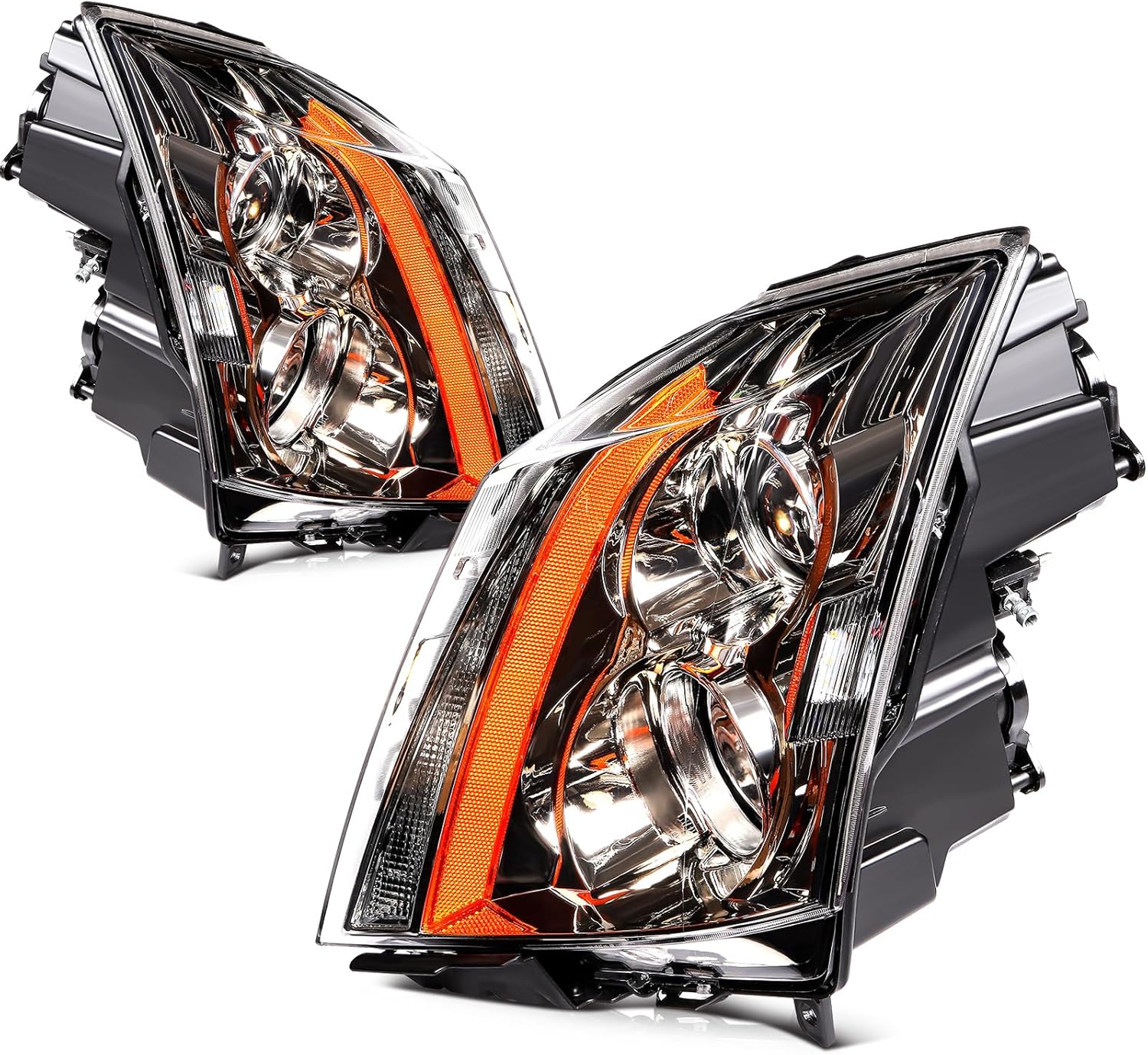 ROADFAR Headlight Assembly Pair Fit for 2008-2014 For Cadillac CTS High beam: H9 Included; Low beam bulb: H1 14-01122R 25897357 25897358 GM2502309 GM2503309 Black Housing with Amber Reflector