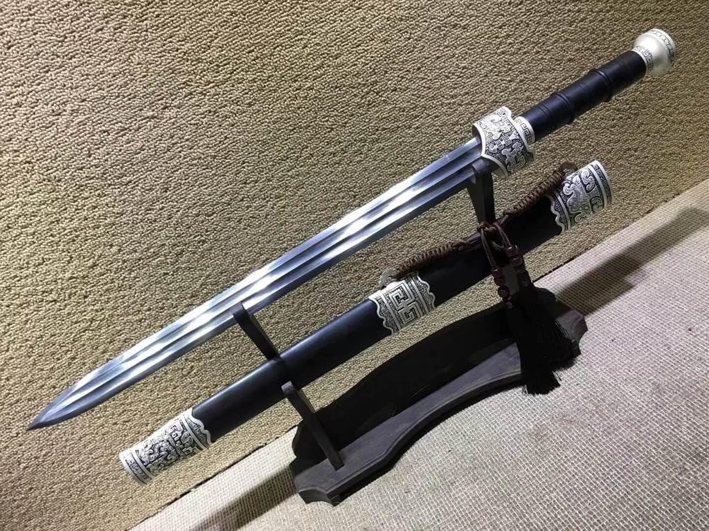 Chinese Sword,Yuewang jian,Folded Steel Blade,Black Wood Scabbard,Alloy,Handmade
