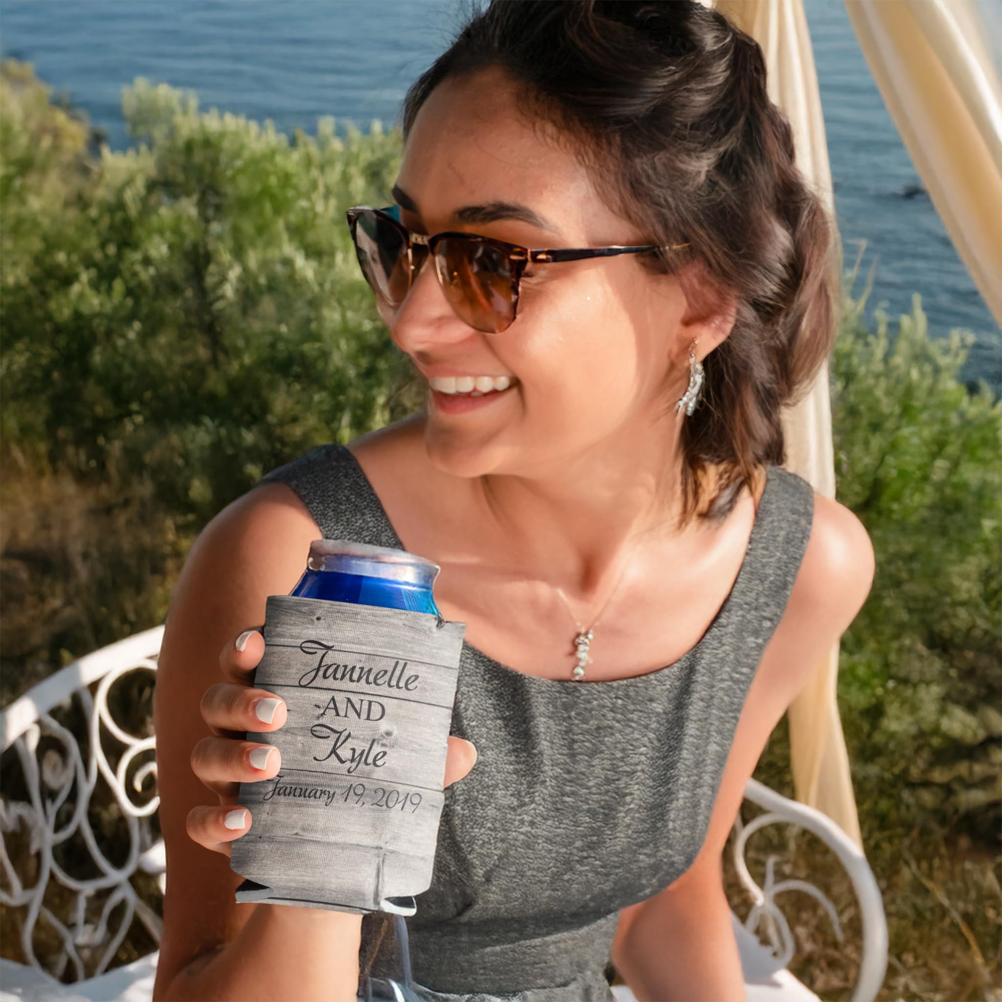 VictoryStore Rustic Wedding Can Coolers – Custom “Forever and Ever Amen” Design – Personalized Party Favors for 12-16oz Cans – Set of Customizable Drink Sleeves – Made in USA, Set of 150