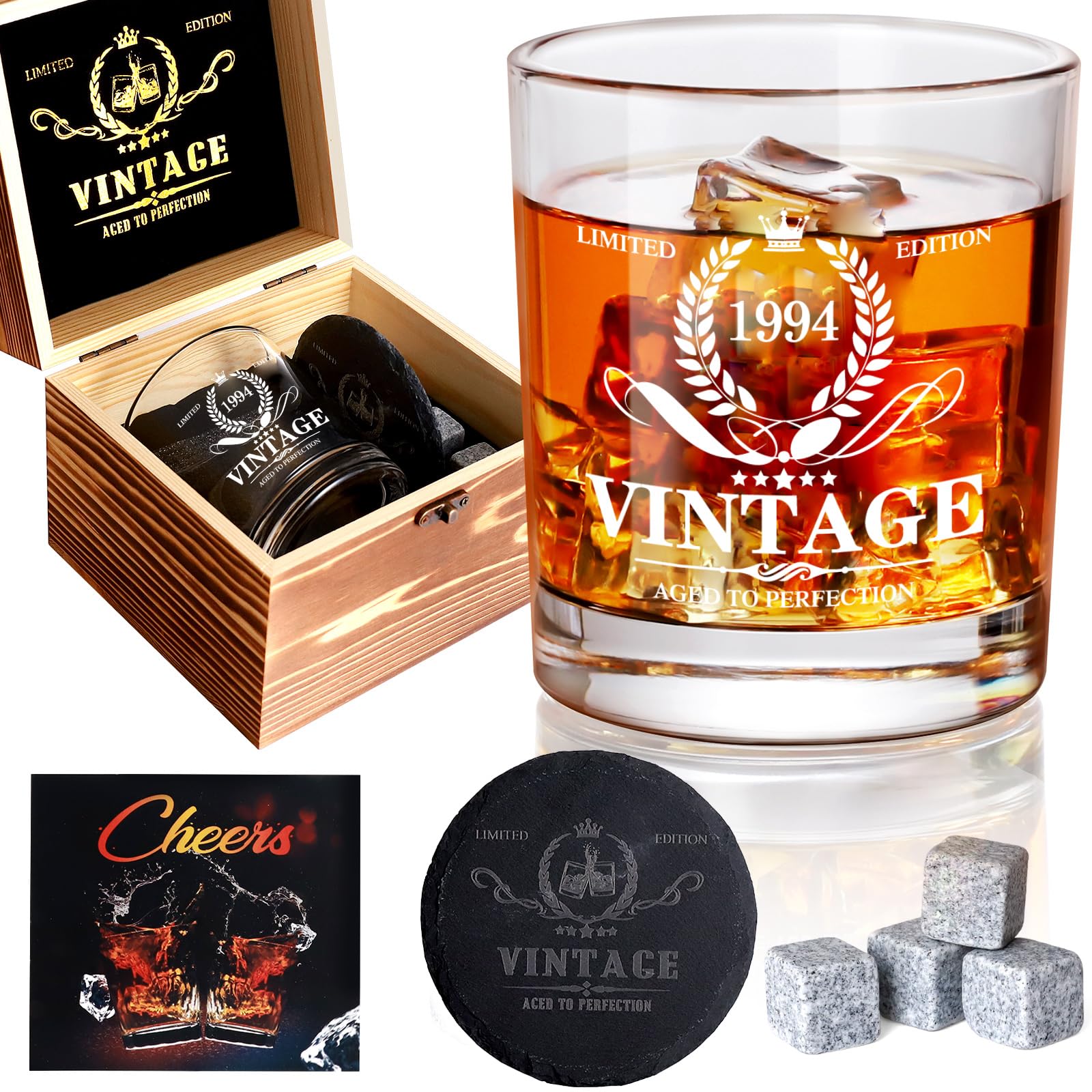 30th Birthday Gifts for Men, Vintage 1995 Whiskey Glass Set - 30th Birthday Decorations - 30 Years Anniversary, Bday Gifts Ideas for Him, Dad, Husband, Friends - Wood Box & Whiskey Stones & Coaster