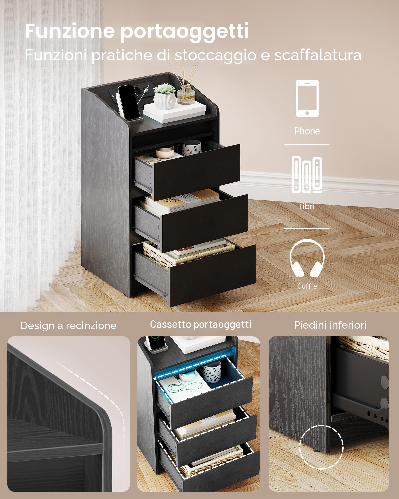 Hzuaneri Comodino Set di 2 con 3 Cassetti, Tavolino con Stazione di Ricarica LED, 2 Prese CA e 2 Porte USB per Camera da Letto, Soggiorno, Nero NS40104X