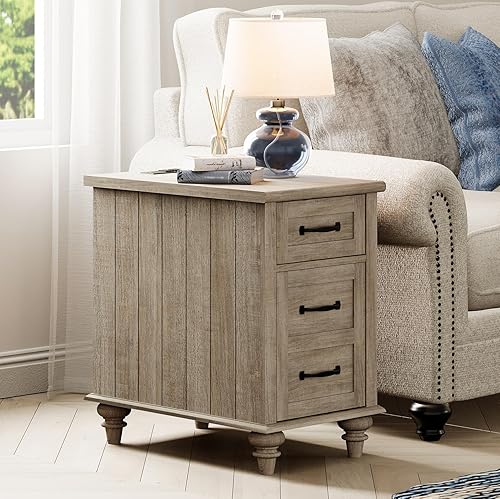 Miniatura 14 de WAMPAT Mesa auxiliar con estación de carga, mesa auxiliar de madera con cajón y armario de almacenamiento, mesa auxiliar moderna con tomas de