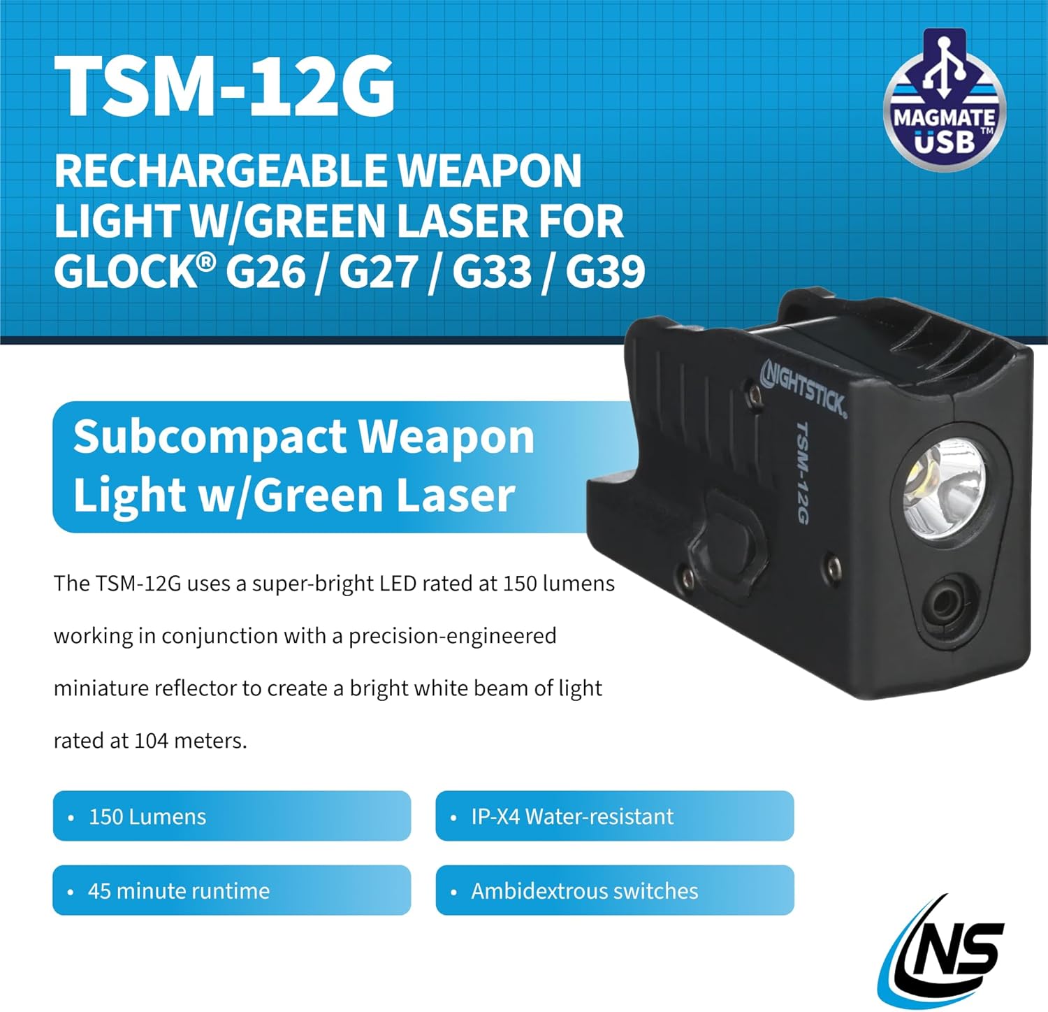 Nightstick TSM-12G 150-Lumen Rechargeable Tactical Light w/Green Laser Sight - Ip-X4 Water-Resistant Handgun Lights for Glock G26, G27, G33 & G39