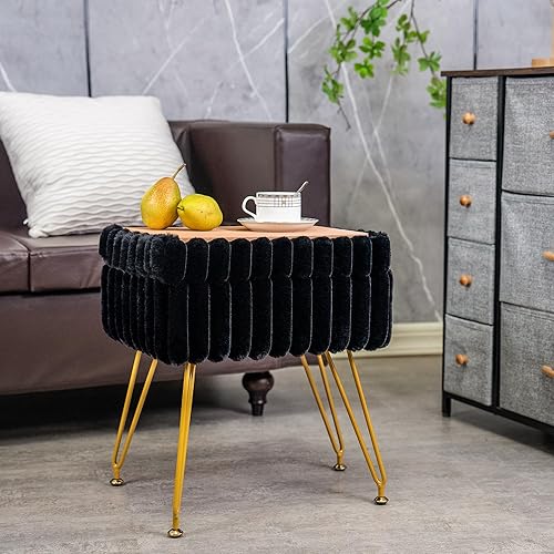 Vista 6 de Taburete de tocador de piel sintética negra con otomana de almacenamiento, silla de tocador para sala de maquillaje, taburetes de tocador para Negro