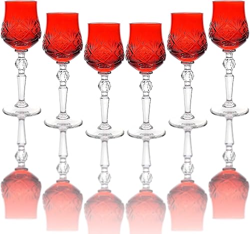 Neman WG7841RC-X, vasos de chupito cordial hechos a mano de 2.25 onzas, cristalería de vodkalicor de tallo rojo, juego de 6