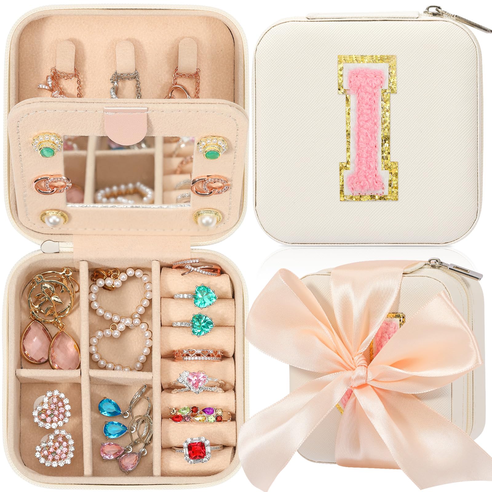 CHMICHMI Travel Jewelry Case, White Travel Jewelry Box, Travel Jewelry Organizer, Travel Gifts for Women Girls, Jewelry Organizer Box, Birthday Gifts for Women, Christmas Gifts for Teens Girls - Initial I