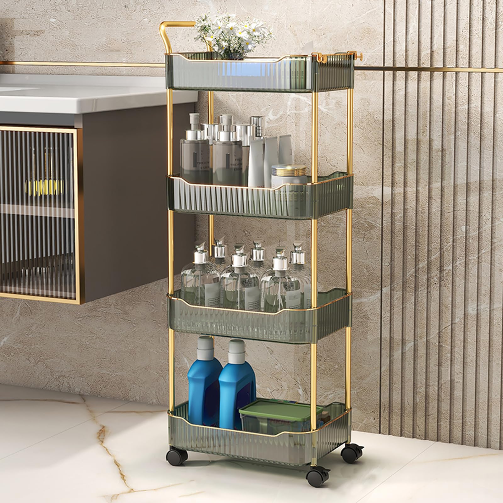 Wiodeiv Storage Trolley on Wheels, Acrylic Beauty Trolleys Makeup Organizers Rolling Utility Cart For Bathroom, Salon,Green,4Tier