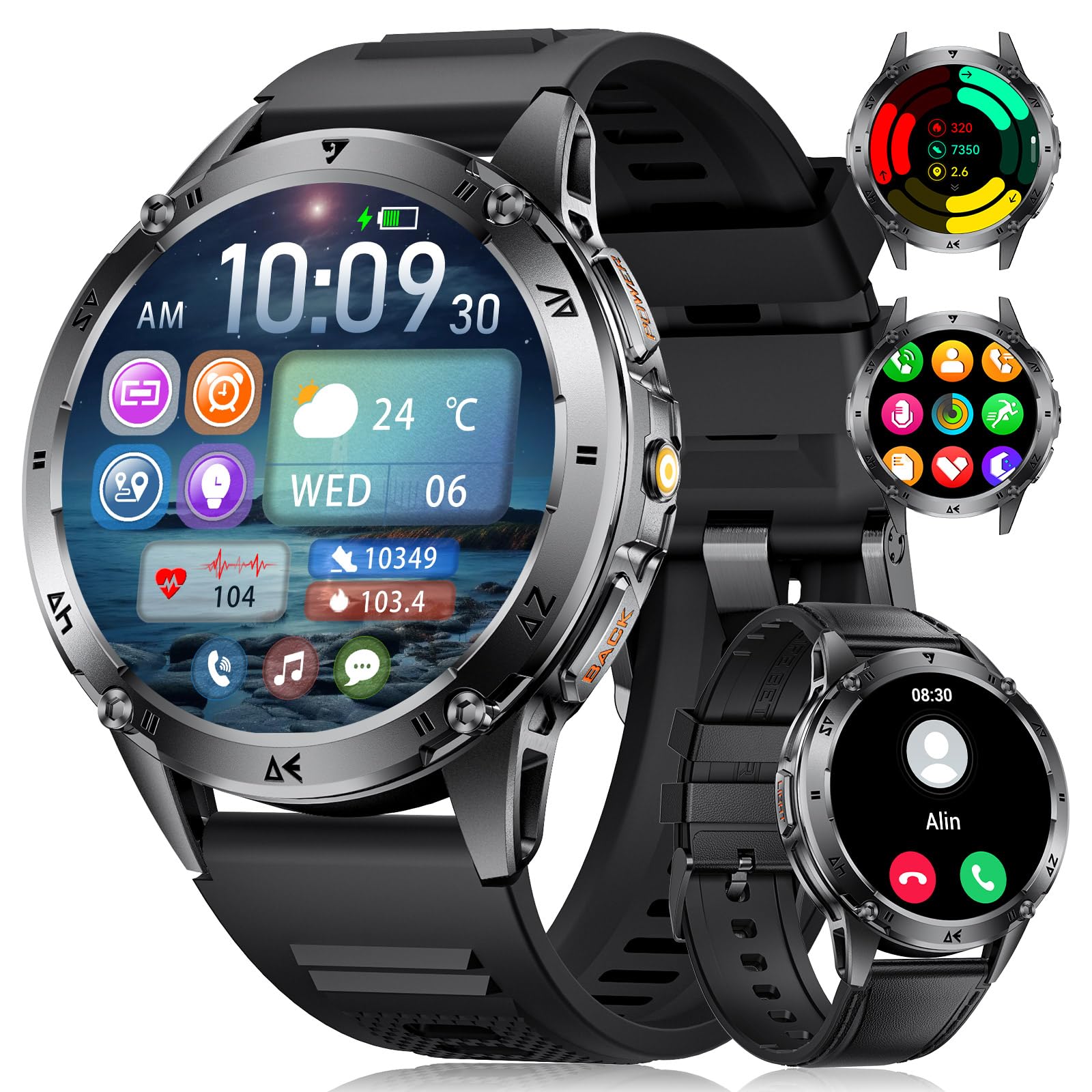 Smartwatch Herren mit Telefonfunktion, 1.43"AMOLED Display Fitness Tracker mit LED Taschenlampe, 530mAh Akku Fitnessuhr mit 110+Sportmodi, Herzfrequenz/Schlafmonitor IP68 für Android iOS, Silikon