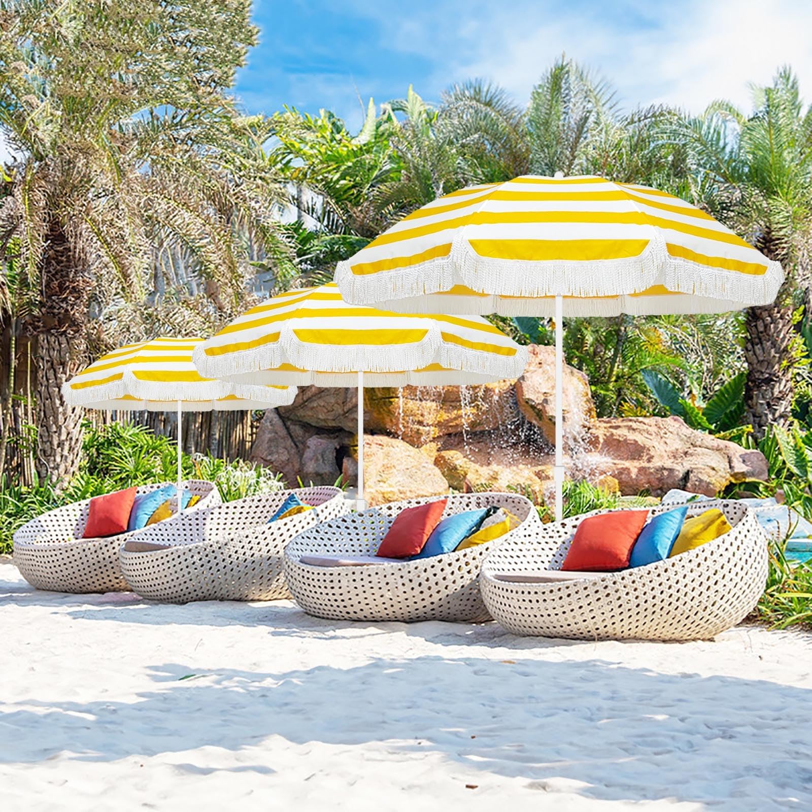 ELZEM Parasol Jardin 180cm Con Flecos Sombrilla Playa Antiviento Sombrilla Jardin Inclinable Parasol Terraza 8 Varillas Protección UV50+ Desmontable Para Terraza Jardin Playa Piscina/Altura Ajustable