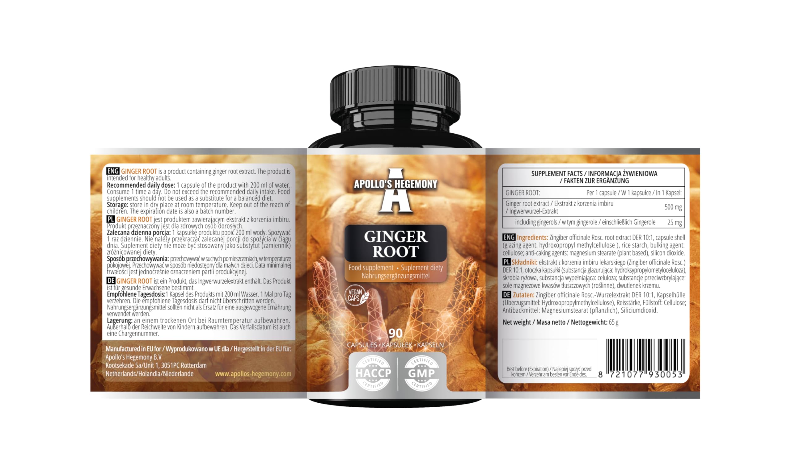 Ginger Root 500 mg, Extract contains 5% Gingerols, 90 Vegan Capsules, 3 Months Supply, Ginger Herbal Supplements for Digestive Comfort and Immune Support - by Apollo's Hegemony