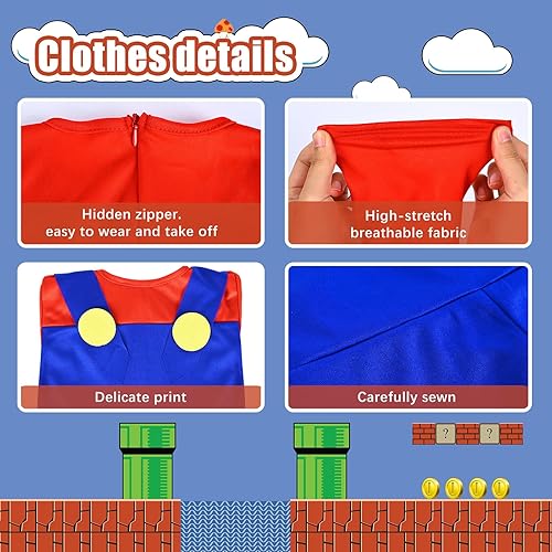 Miniatura 5 de NIROKIO Disfraz de Mario para niños y niñas, disfraz de Halloween, disfraz de fontanero con accesorio, rojo, talla L