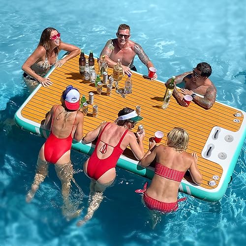 Miniatura 5 de Balsa flotante inflable de plataforma con escalera y bomba de aire eléctrica, 8 x 5 pies, la mejor alfombra de agua flotante, muelles flotantes