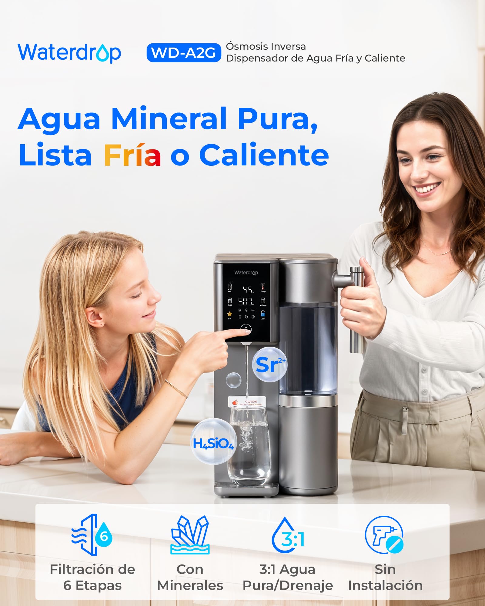 [𝐌𝐢𝐧𝐞𝐫𝐚𝐥𝐢𝐳𝐚𝐝𝐚] Waterdrop WD-A2G Ósmosis Inversa de Sobremesa, RO Caliente y Fría, Tanque Portátil, Dispensador Sin Botella, 6 Temperaturas, 3:1 Pura/Drenaje