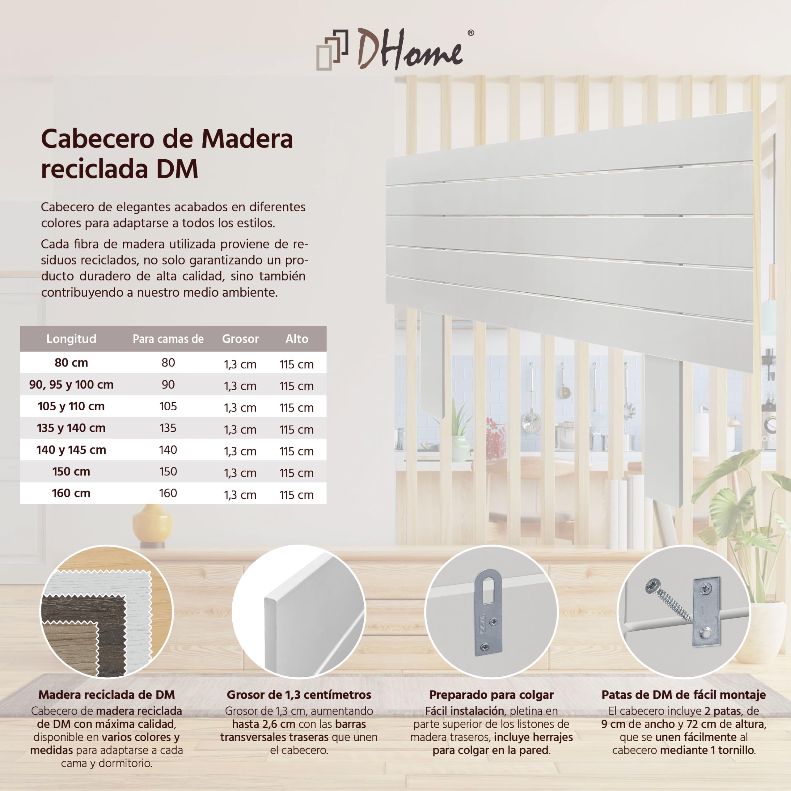 DHOME Cabecero de Madera reciclada DM con Patas Estilo Palet Horizontal Cama Palets Herrajes incluidos (105cm, Blanco Sólido)