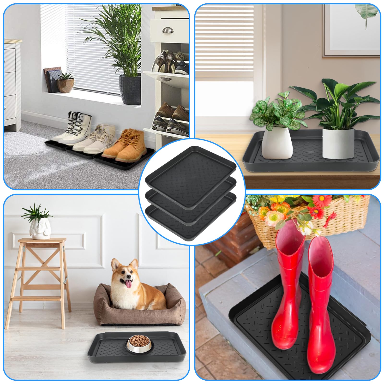 Tacka ociekowa do butów, zestaw 3 sztuk, mata do osuszania butów, 35 x 27,5 x 3 cm, tacka ociekowa, buty z tworzywa sztucznego, na deszczowe i sezon śnieżny (czarna), nadaje się jako mata na karmę dla