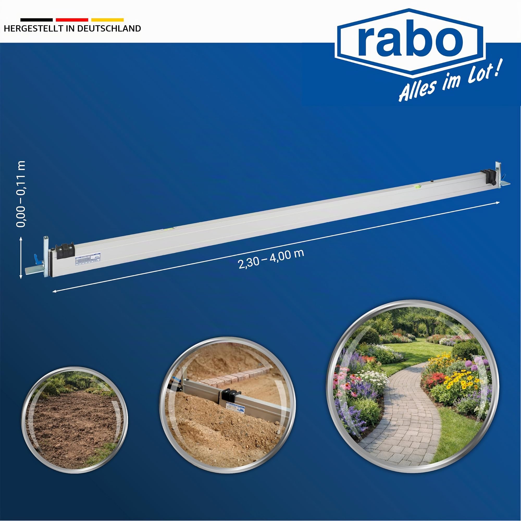 RABO Abziehschiene 2,30–4,00 m stufenlos verstellbar | zum Abziehen und Planieren von Splitt, Kies & Sand im Garten- und Landschaftsbau | mit 2 verstellbaren Höhenanschlägen C-Schiene (0–11 cm) | Alu
