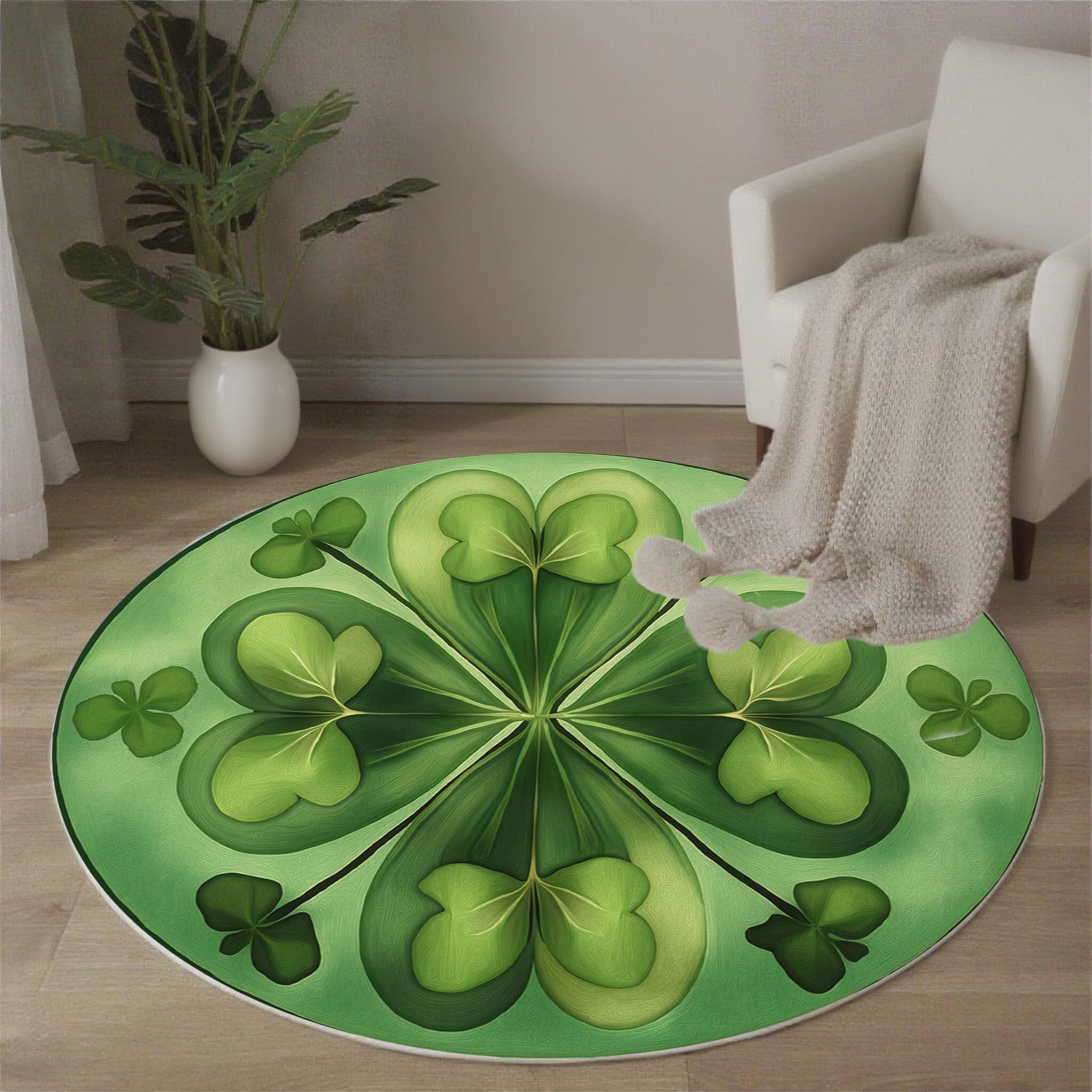Tapis rond 120cm trèfle vert idéal pour balcon, cuisine et salon