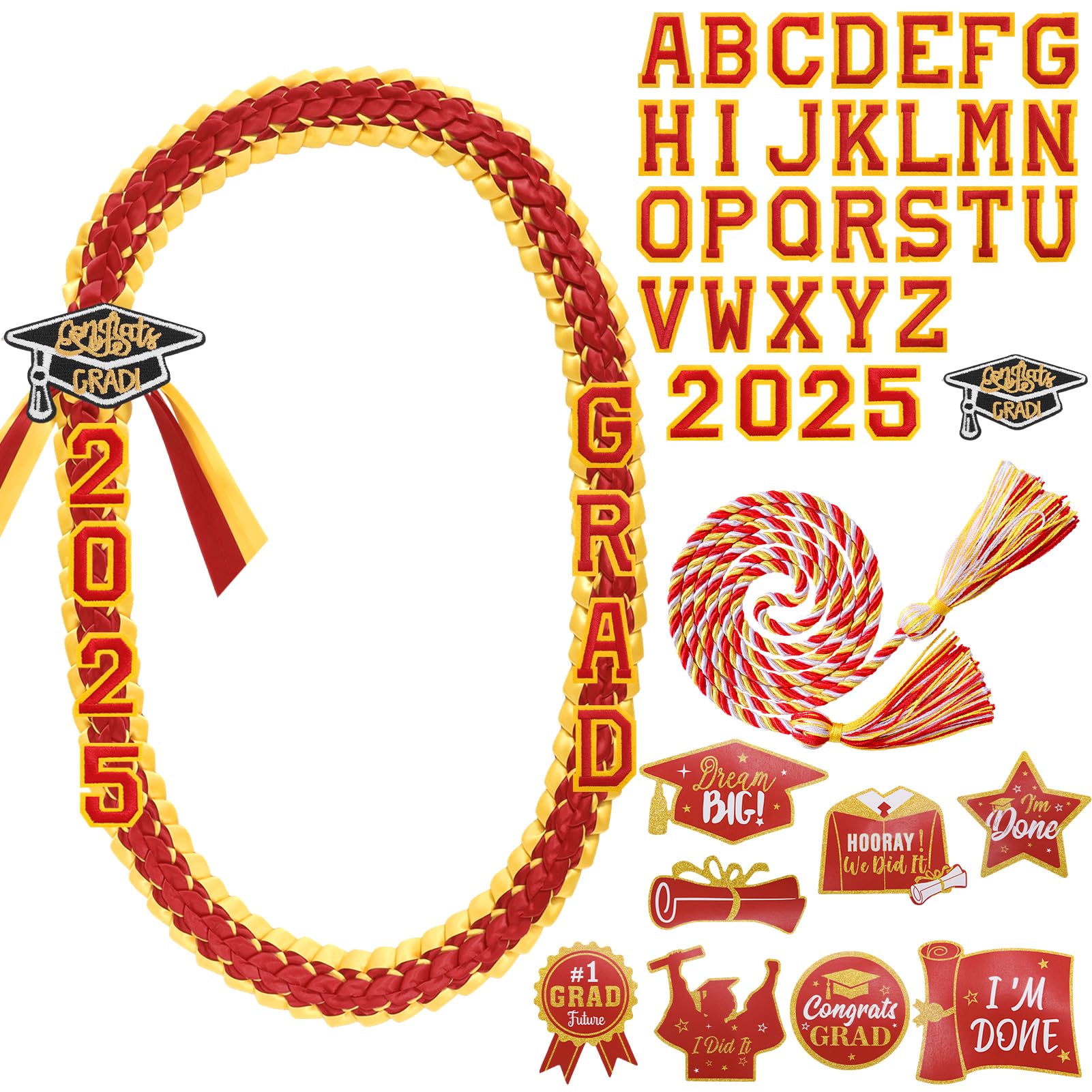 Ruban de remise de diplôme Leis 2025 haut de gamme rouge et ses 8 écussons de fête