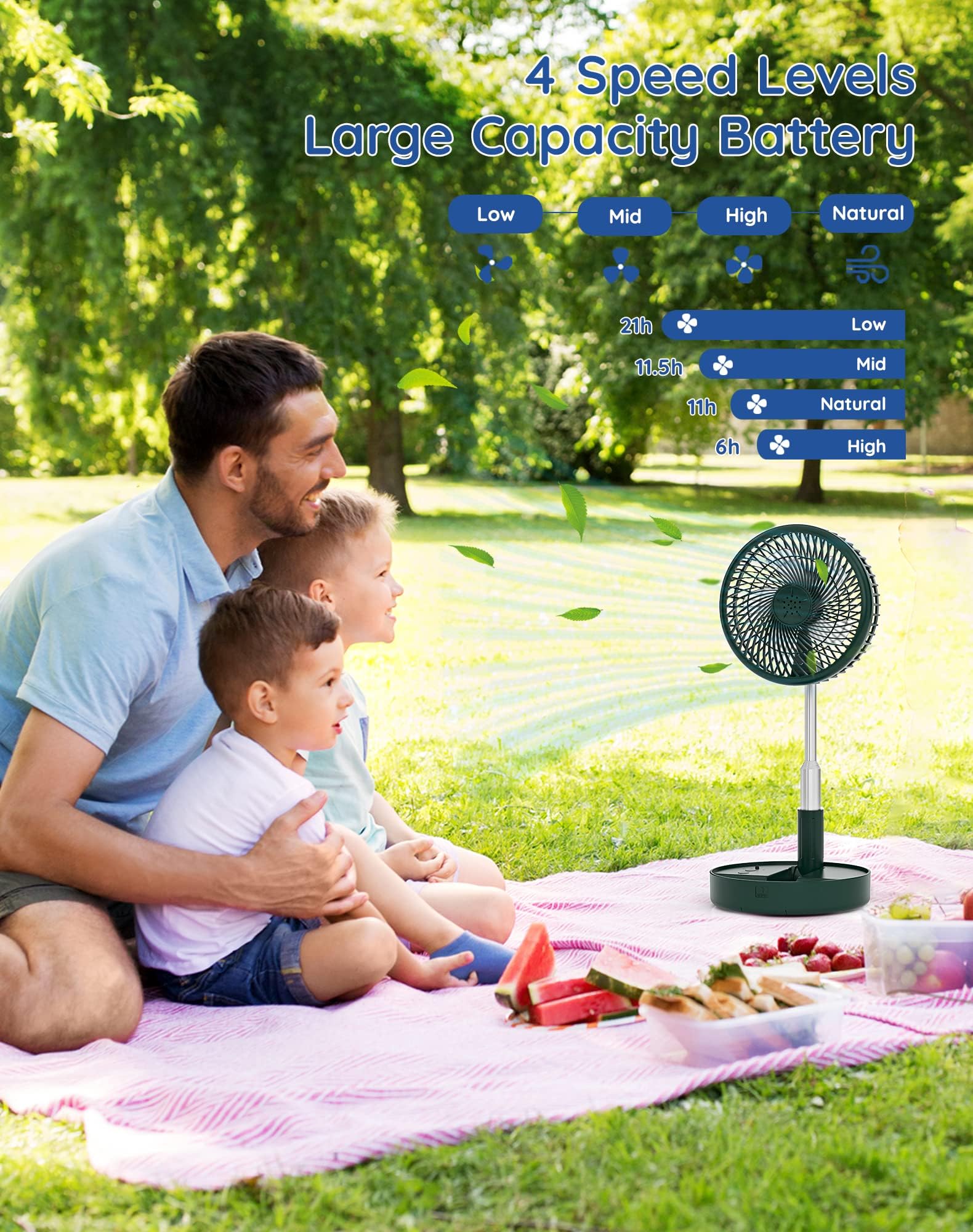 Ventilatore ricaricabile portatile, 7200mAh a batteria con telecomando | Ventilatore da tavolo pieghevole, 6-21 ore, 4 velocità, per viaggi, campeggio, crociera, camera da letto, verde, 19,6 cm