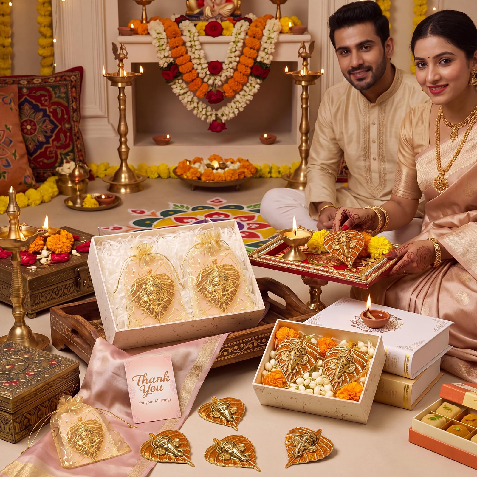 Marsui 16 Stück indische Pooja-Rückkehr-Geschenke, Metallblätter, Ganesha-Dekor, Dankeskarten, Organza-Beutel, Diwali-Rückgabe, Geschenke für Gäste, Diwali, Hochzeit, Einweihung, religiöse Zeremonie
