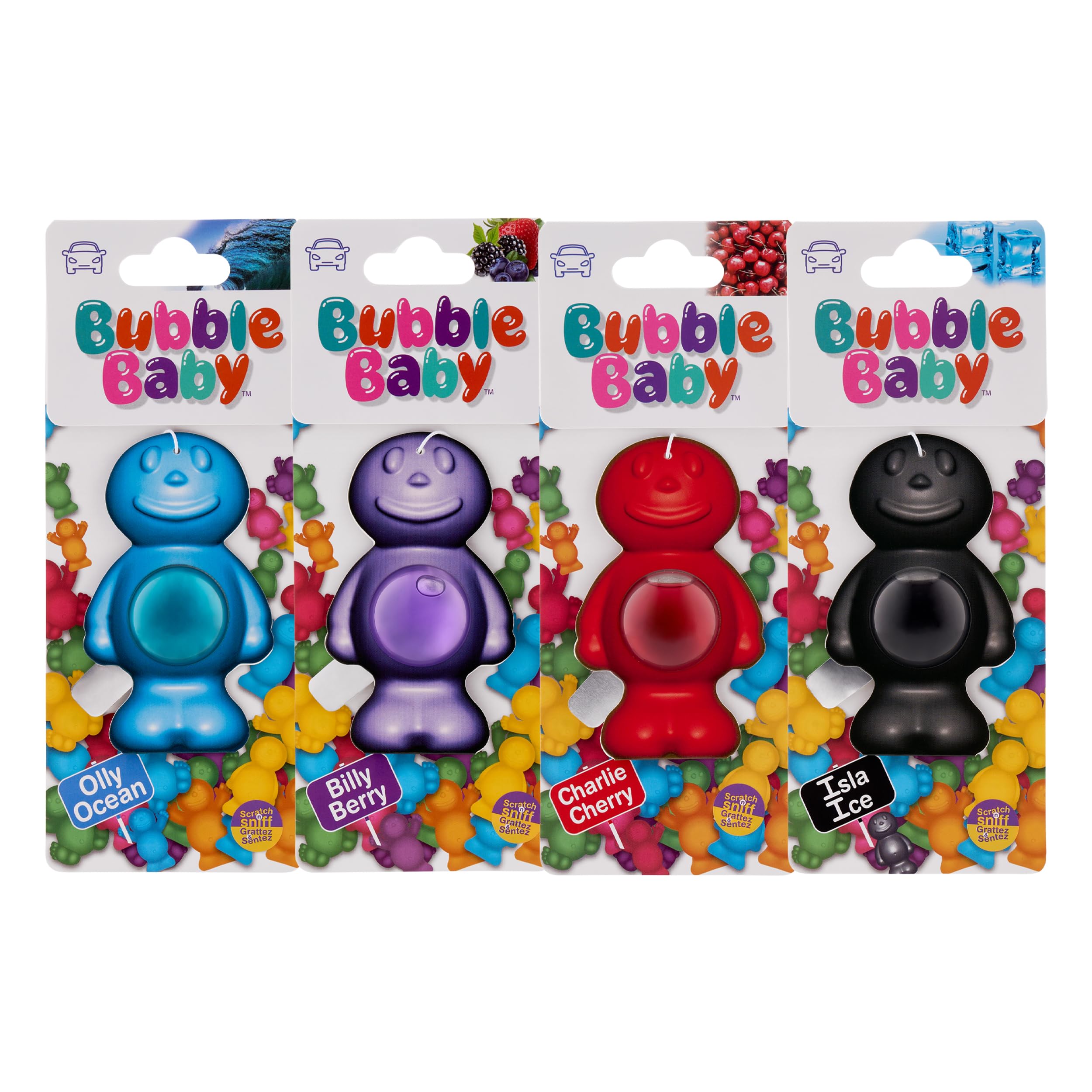 Bubble Baby Fragrance Carded Liquid Membrane Car Air Freshener And Odour Eliminator Pack of 4 Unique Scents Charlie Cherry, Billy Berry, Olly Ocean & Isla Ice