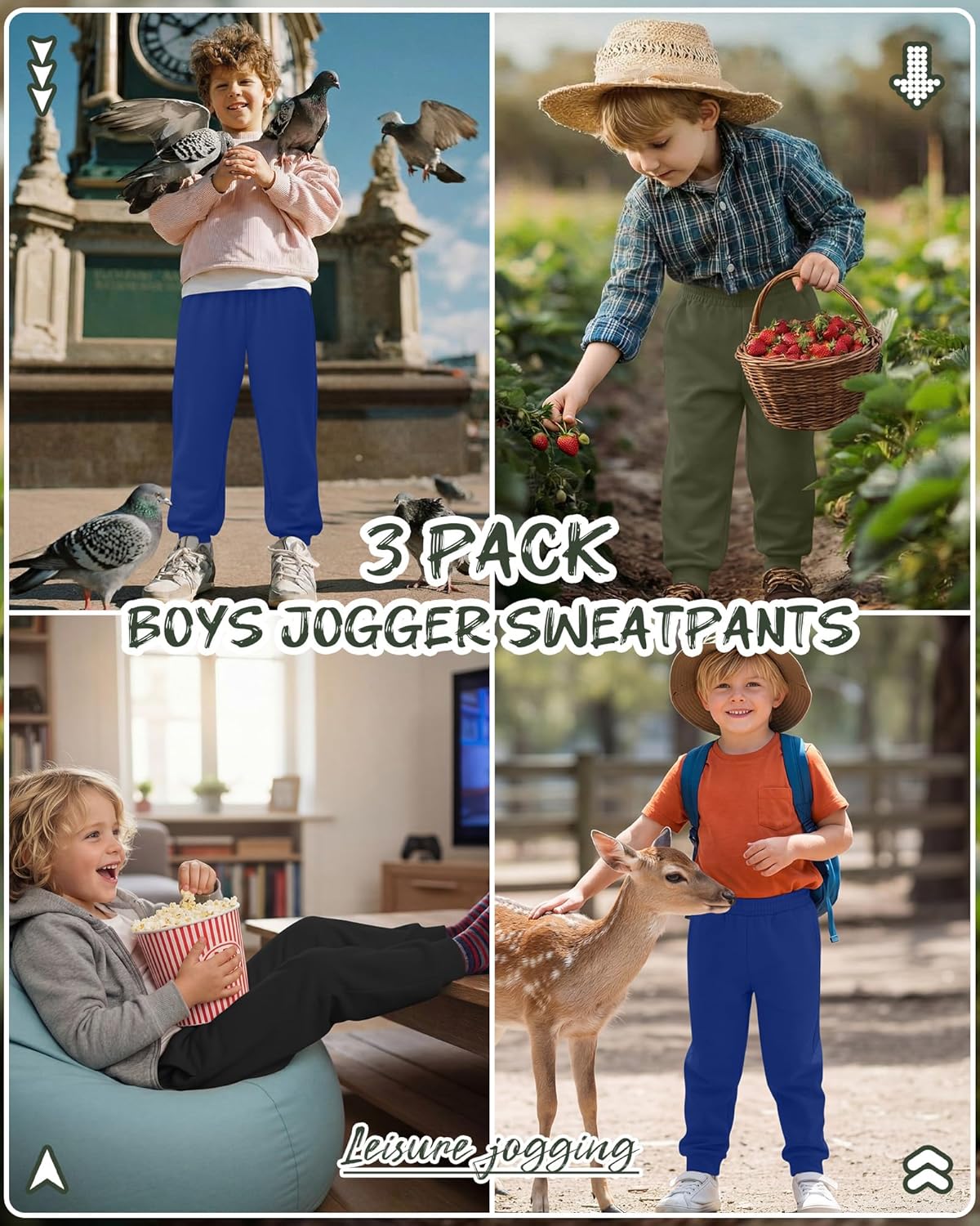 3 Pack Boys Jogger Sweatpants Active Athletic Workout Casual Jogging Sweat Pants with Pockets for Kids Boys