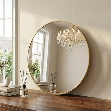 24 Inch Gold Round Bathroom Wall Mirror, Round Mirrors for Wall Decor, Circle Mirror for with HD Shatter-Proof Glass for Entryway, Living Room, Bedroom, Dressing Room, Home Decor