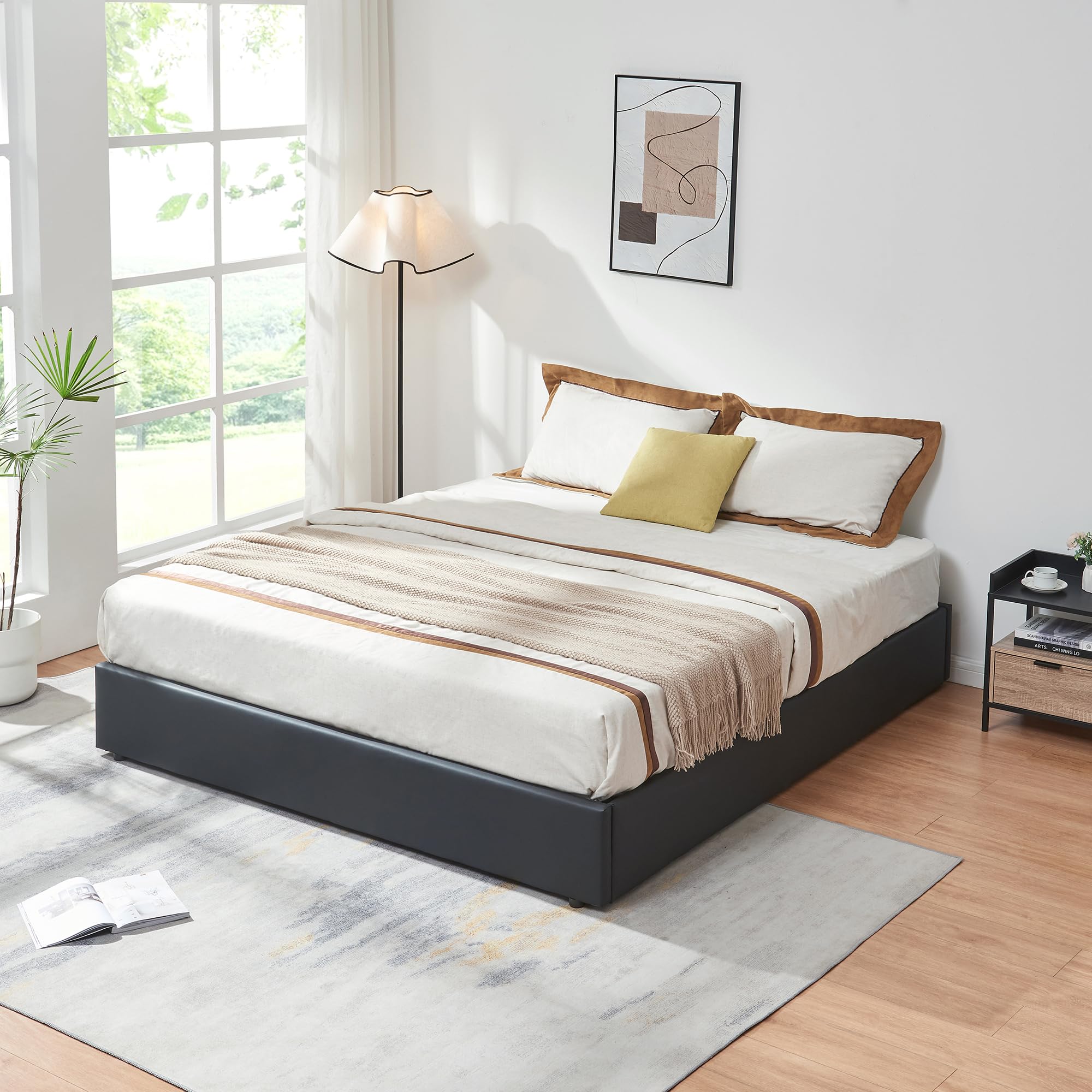 [en.casa] Cama Matrimonio NOLA Canapé Abatible con Somier y Colchón 180x200 cm Espacio de Almacenamiento Cama Tapizado Polipiel MDF Contrachapado 206 x 181 x 28 cm - Negro