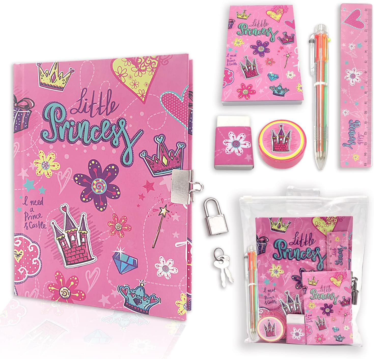 Set of Secret Diary for Girls 6Pcs Gifts Stationery Set for Girls incl. Princess Diary with Lock 6 Multicolor Pen Memo Ruler Eraser Sharpener Kids Notebook for Girls Birthday Presents Age 5-10 Year