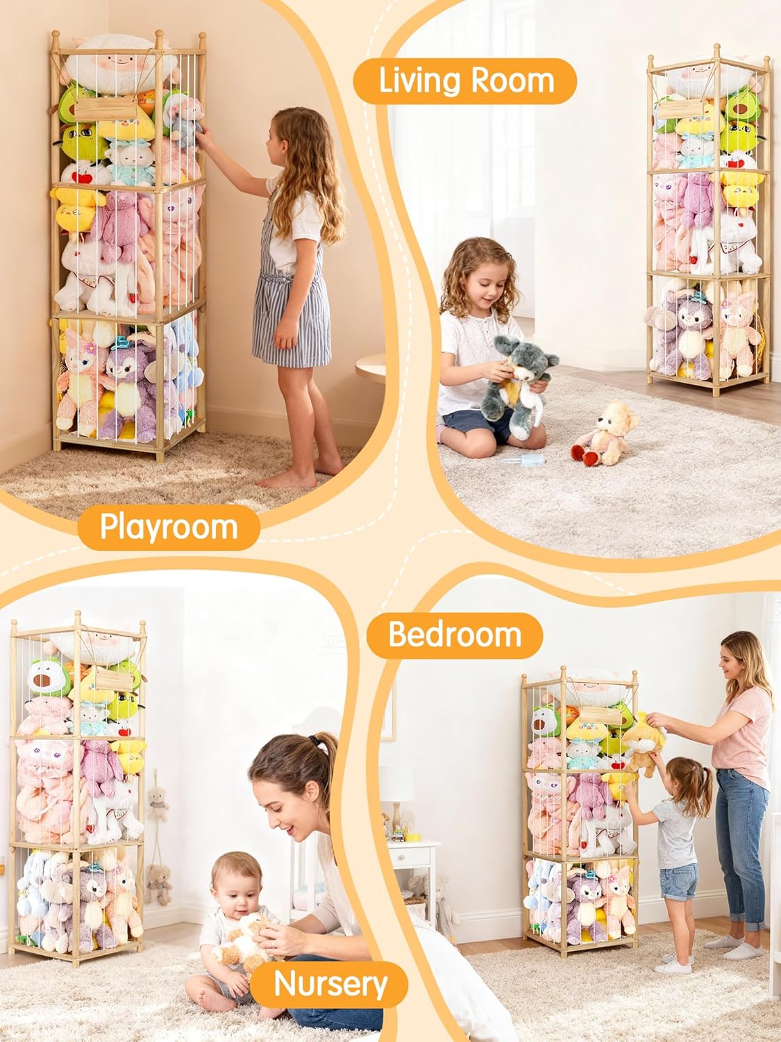 Stuffed Animal Storage & Organizer with Adjustable Layers, 54-Inch Stuffed Animal Holder Zoo, Thicker Elastic Bands, Wood Corner Space-Saving Toy Organizer for Room (White Cords)