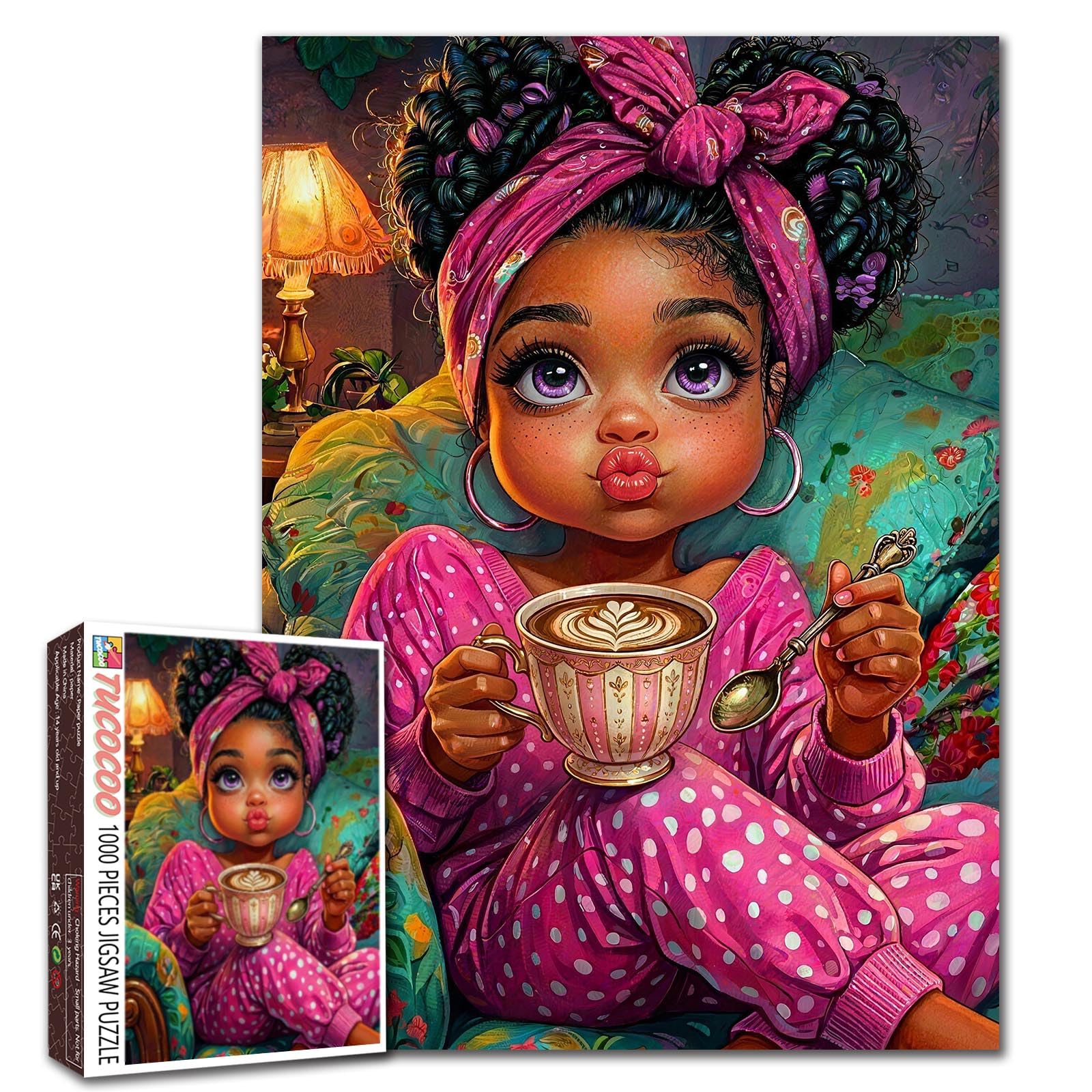 African American Jigsaw Puzzles for Adults 1000 Pieces Cute Afro Girl in Cozy Pajamas DIY Puzzles for Family Activity Games Black Girls Art Jigsaw Puzzles African Wall Decor Gifts 19.7 x 27.6 Inch